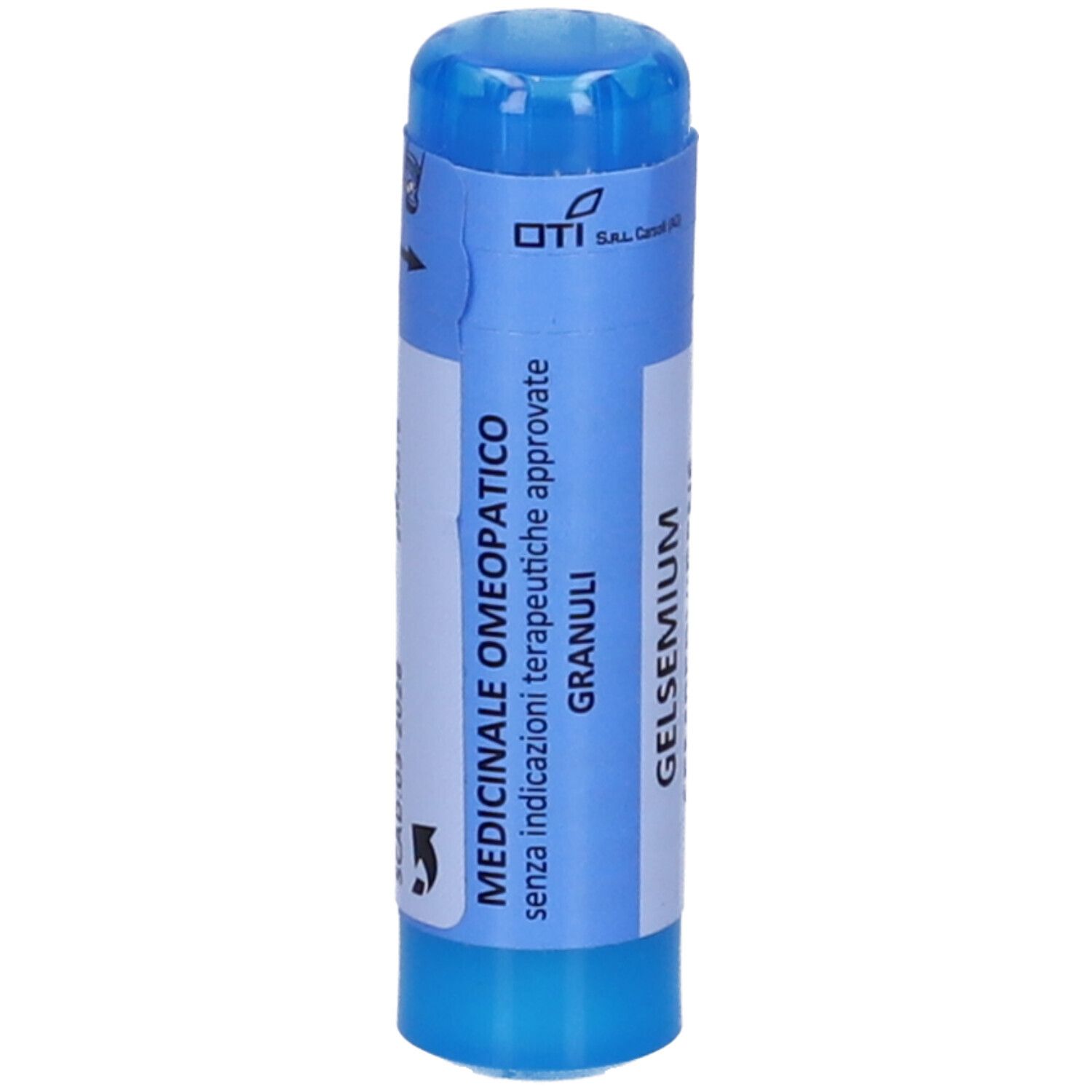 Confezione cilindrica blu e bianca. Scritta: Medicinale Omeopatico, Granuli. Logo OTI.