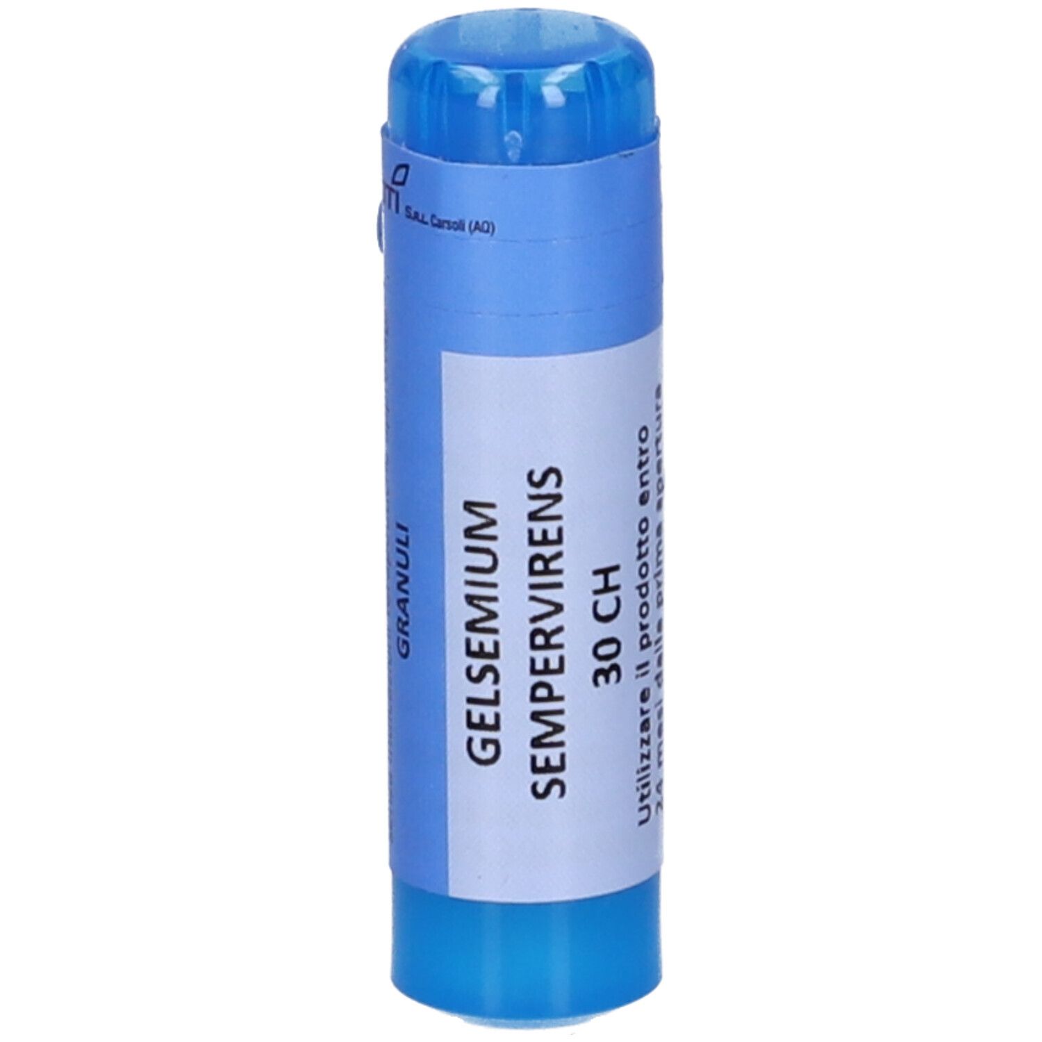 Confezione cilindrica blu e bianca. Scritta: Gelsemium Sempervirens 30 CH. Istruzioni per l'uso.