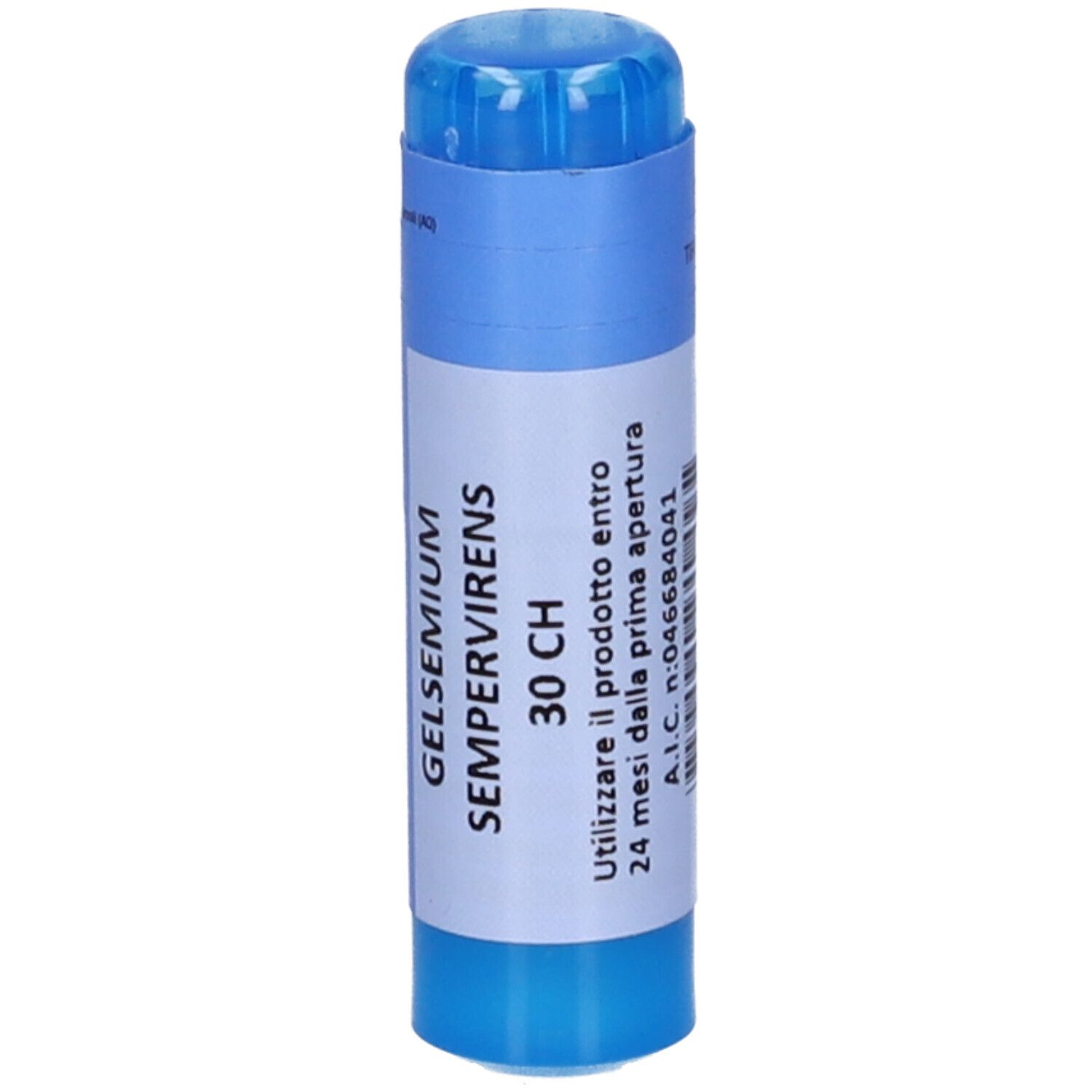 Confezione cilindrica blu e bianca. Scritta: Gelsemium Sempervirens 30 CH. Istruzioni per l'uso.