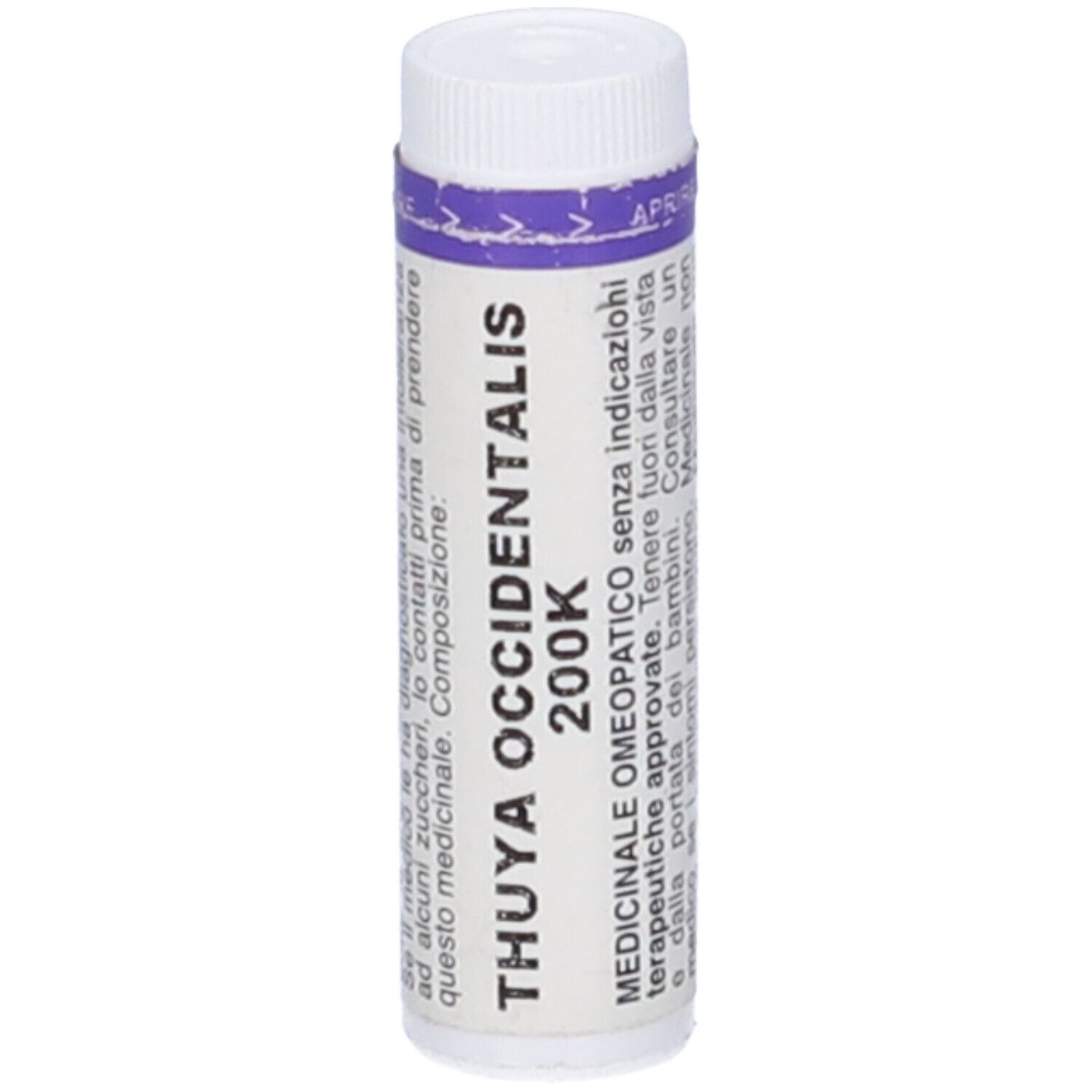 Tubo cilindrico bianco con tappo. Scritta: THUYA OCCIDENTALIS 200K. Prodotto medico.