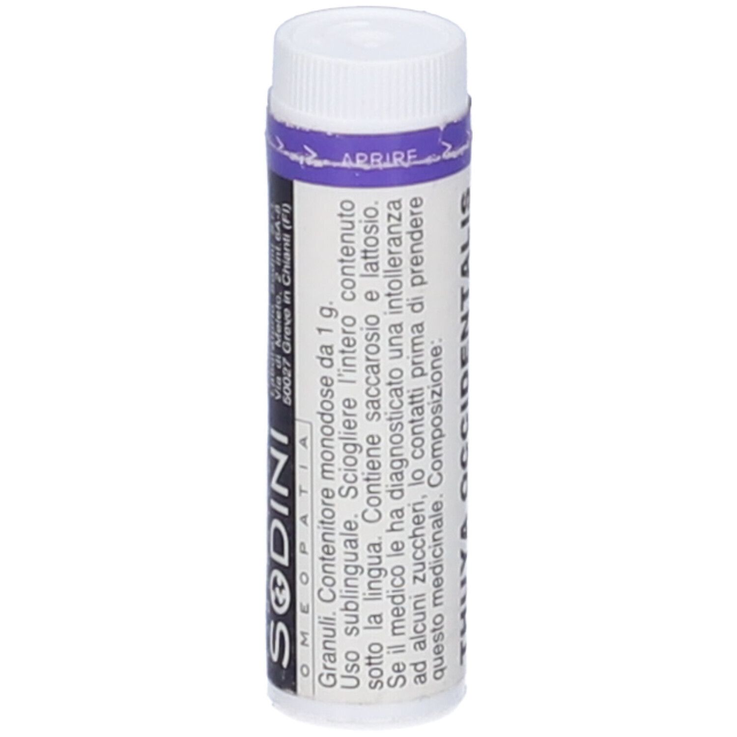 Tubo cilindrico bianco con tappo. Scritta: SODINI OMEOPATIA. Granuli. Prodotto medico.