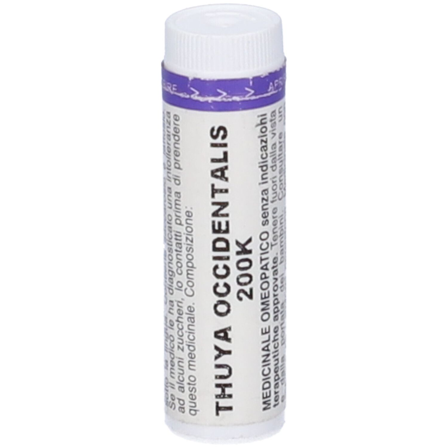 Tubo cilindrico bianco con tappo. Scritta: THUYA OCCIDENTALIS 200K. Prodotto medico.