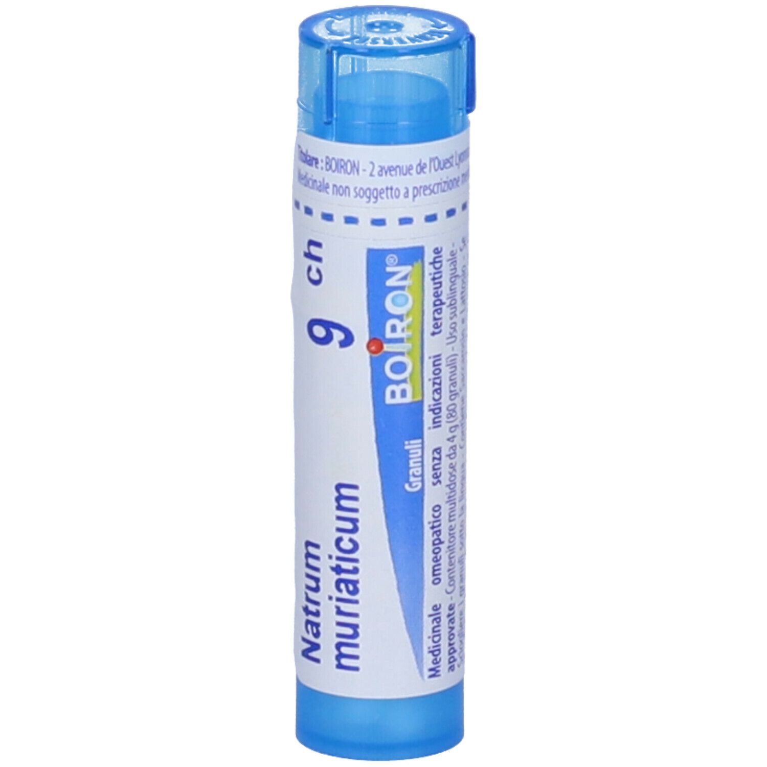 Tubo blu con BOIRON® Natrum muriaticum 9 ch Granuli. Scritta: Natrum muriaticum, 9 ch, BOIRON® Granuli.