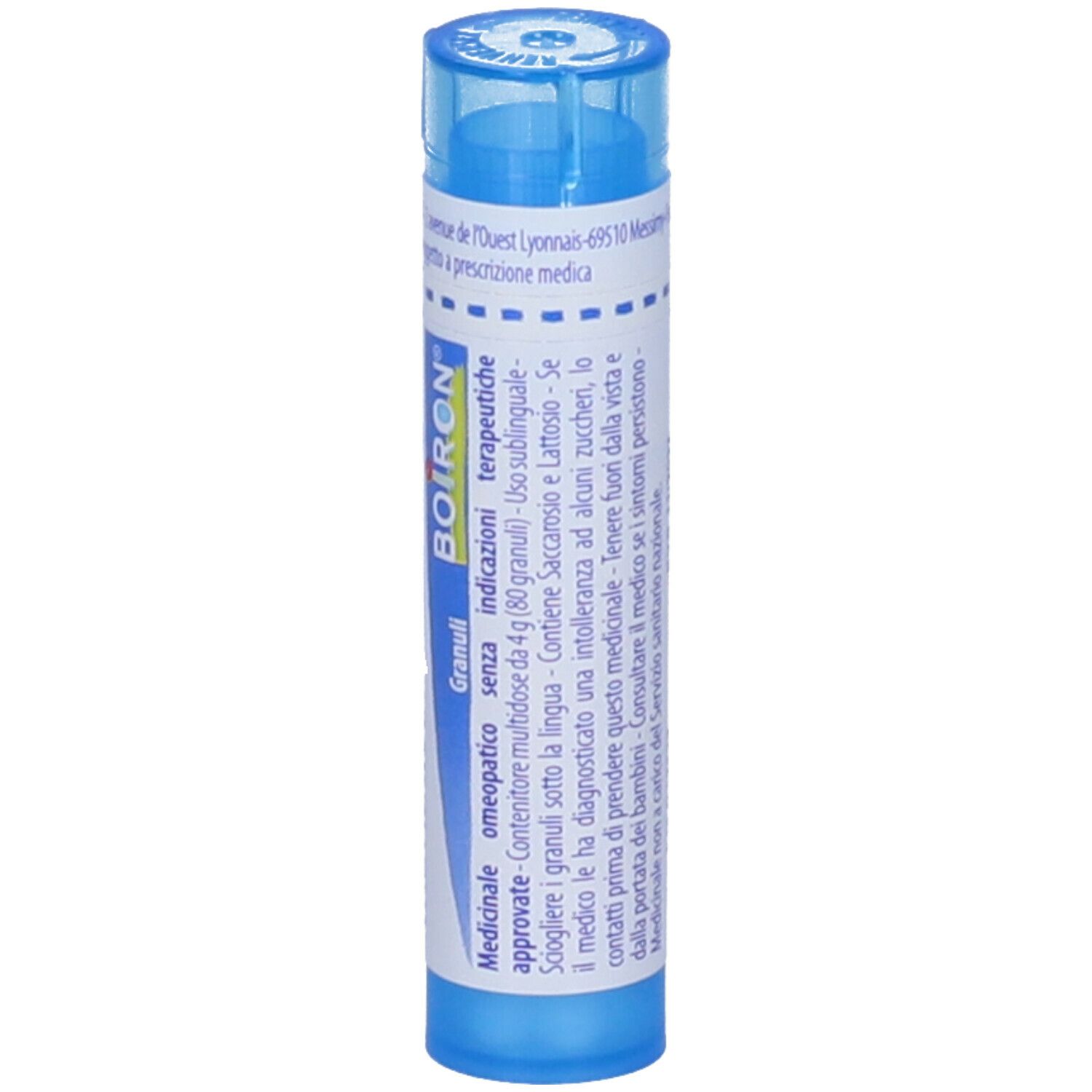 Tubo blu con BOIRON® Natrum muriaticum 9 ch Granuli. Scritta: Natrum muriaticum, 9 ch, BOIRON® Granuli.