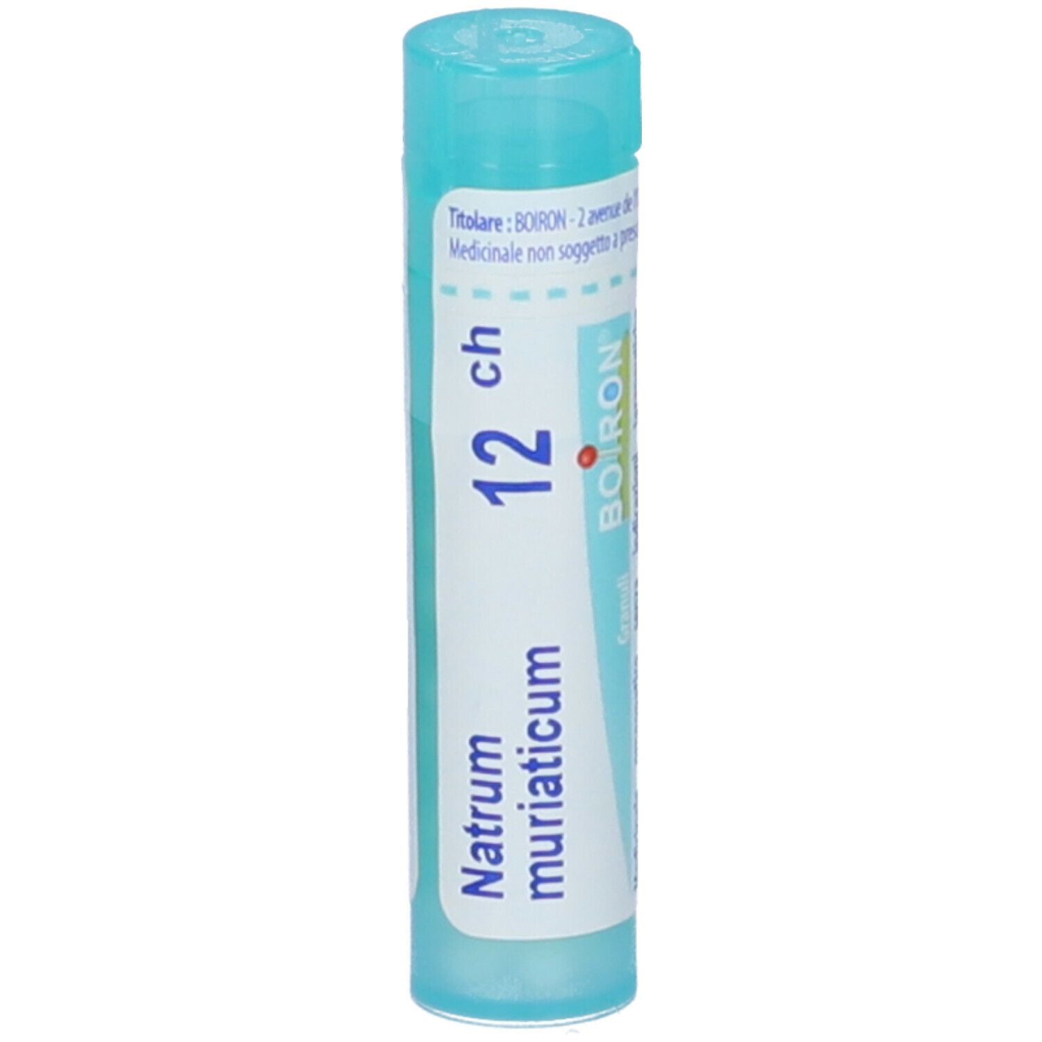 Confezione cilindrica di Natrum muriaticum 12 CH. Tappo blu e etichetta con informazioni. Marchio Boiron.