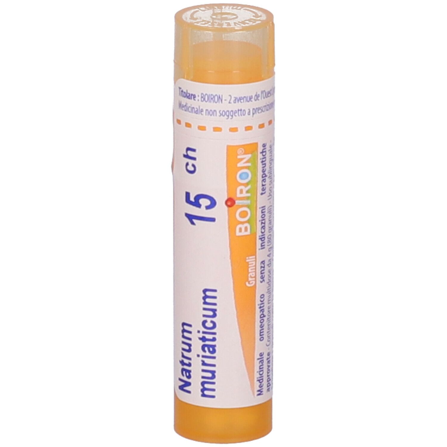 Contenitore cilindrico con tappo giallo. Scritta: Natrum muriaticum, 15 ch, BOIRON, Granuli. Vista verticale.