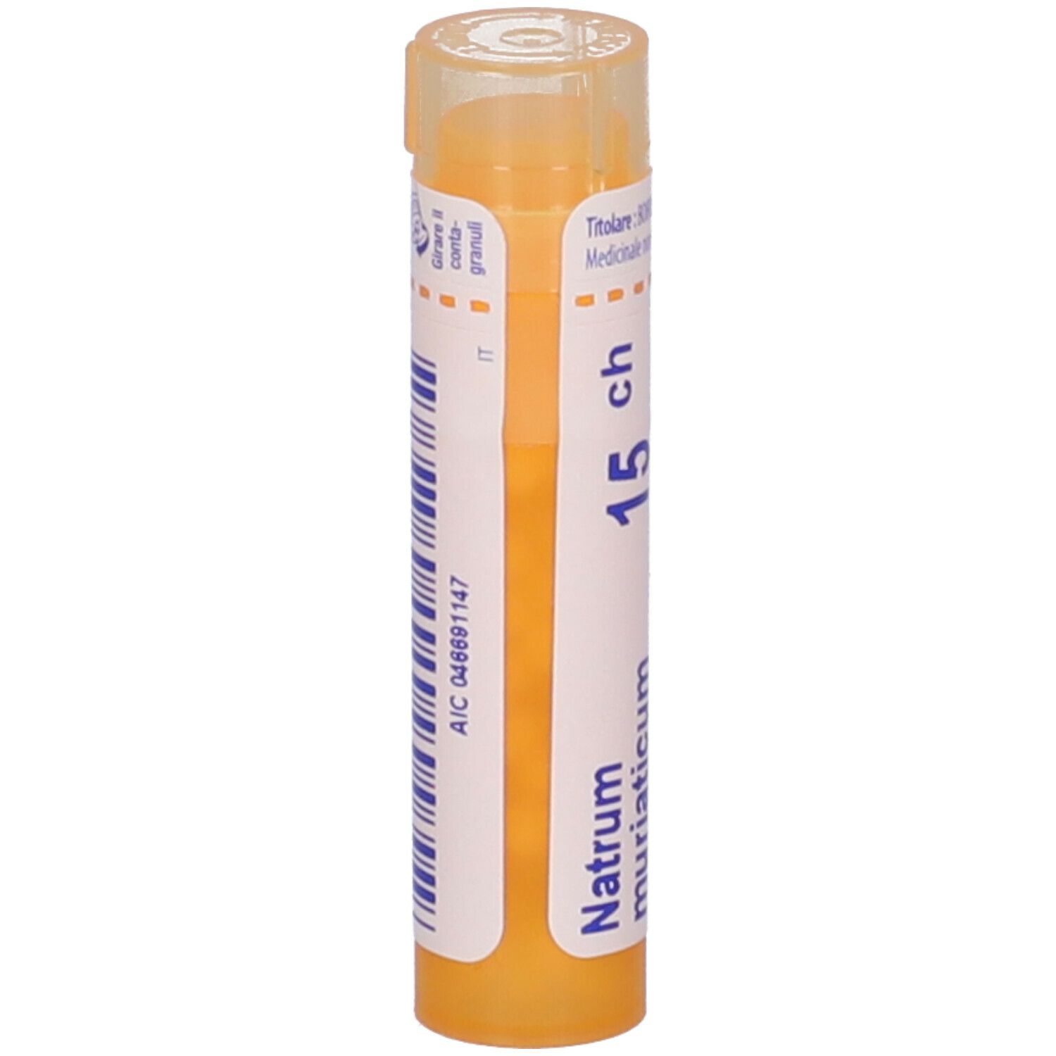 Contenitore cilindrico con tappo giallo. Scritta: Natrum muriaticum, 15 ch, BOIRON, Granuli. Codice a barre.
