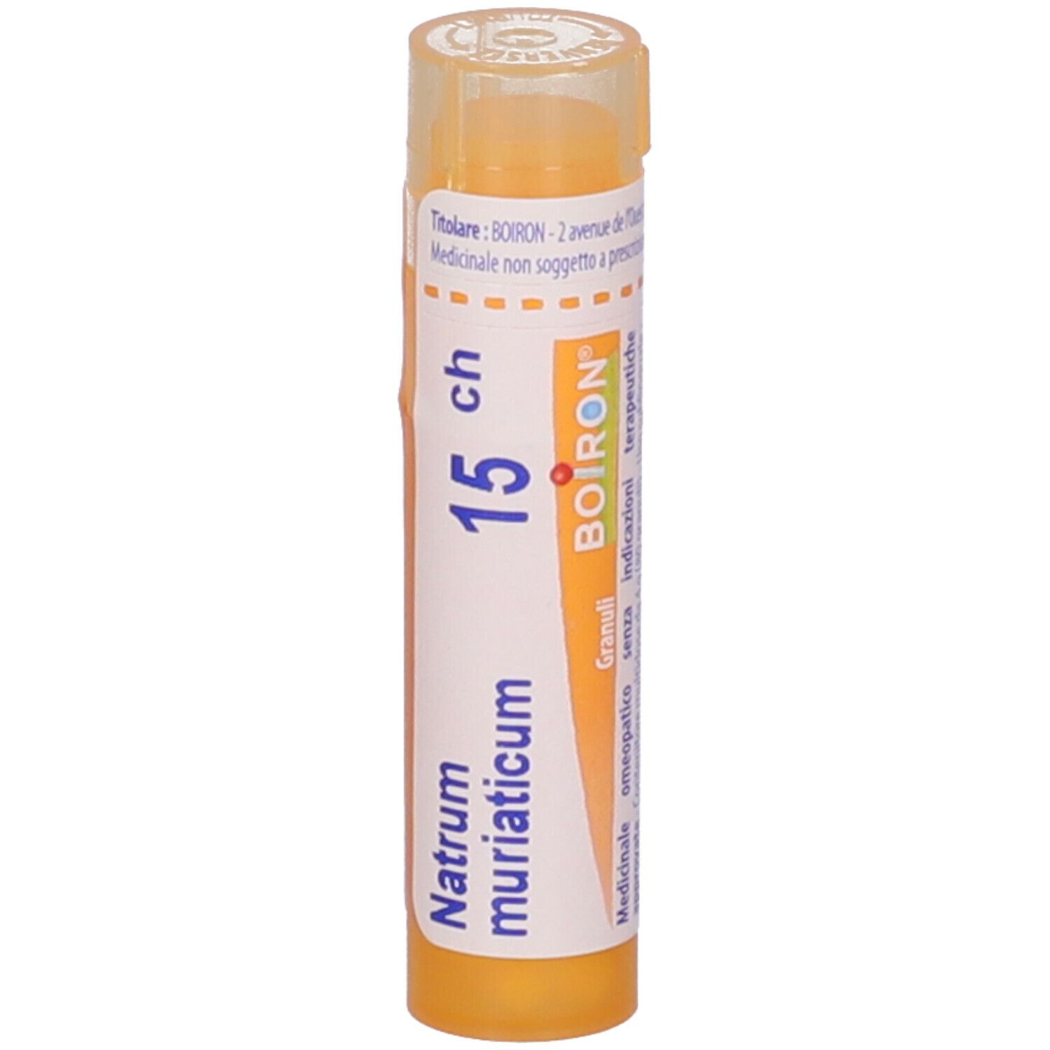 Contenitore cilindrico con tappo giallo. Scritta: Natrum muriaticum, 15 ch, BOIRON, Granuli. Vista verticale.