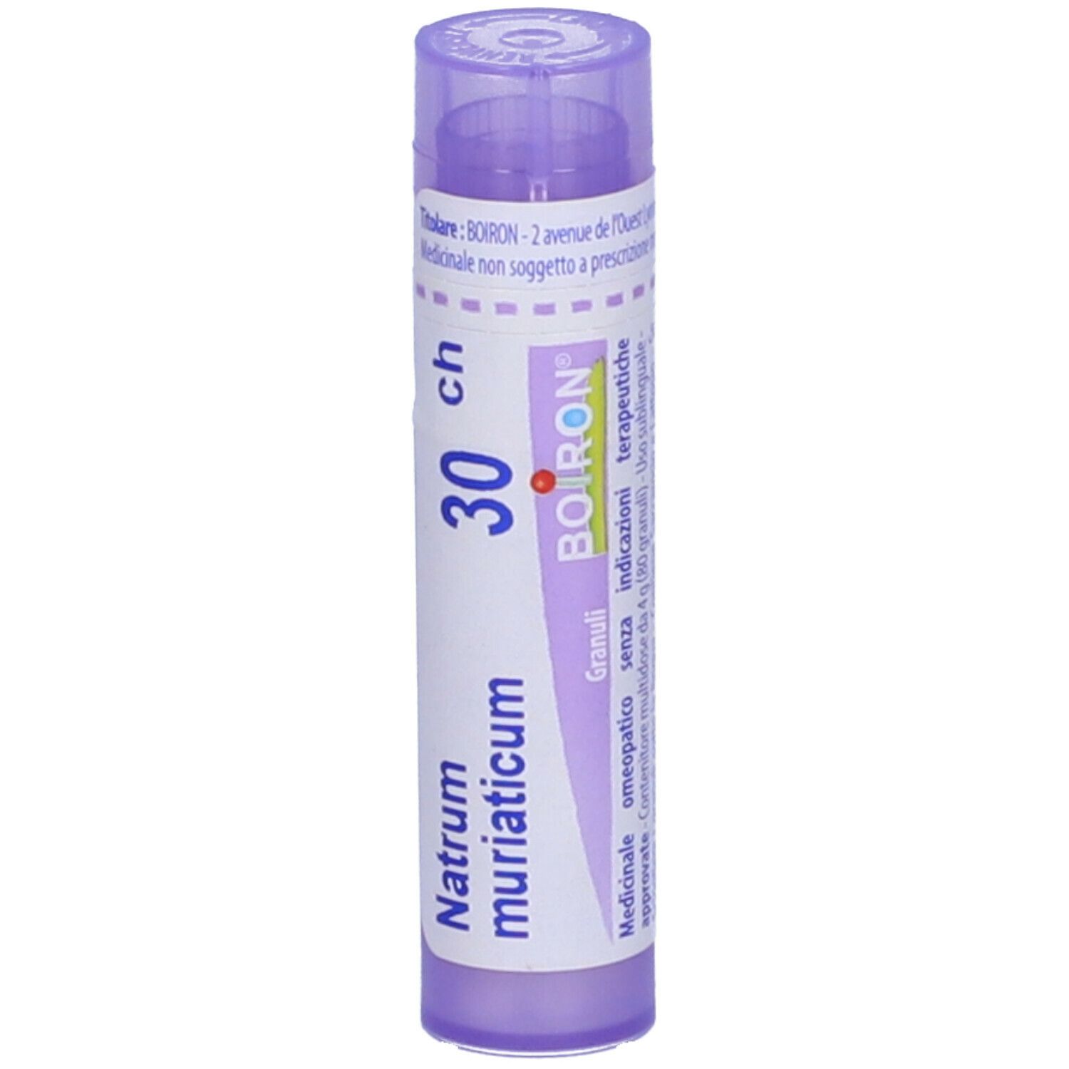 Confezione cilindrica con tappo viola. Scritta: Natrum muriaticum, 30 ch, BOIRON, Granuli. Etichetta con informazioni.