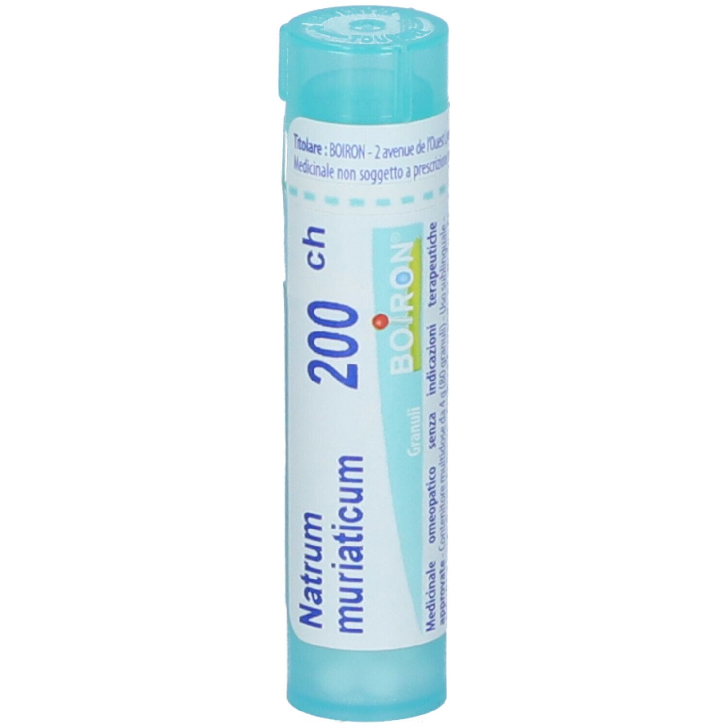Confezione cilindrica azzurra. Scritta: Natrum muriaticum 200 ch, BOIRON, Granuli. Vista verticale.