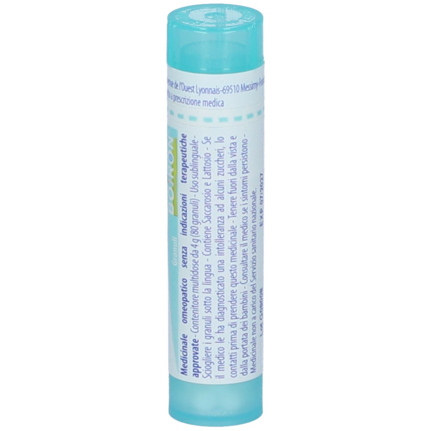 Confezione cilindrica azzurra. Scritta: Natrum muriaticum 200 ch, BOIRON, Granuli. Vista dettagliata.