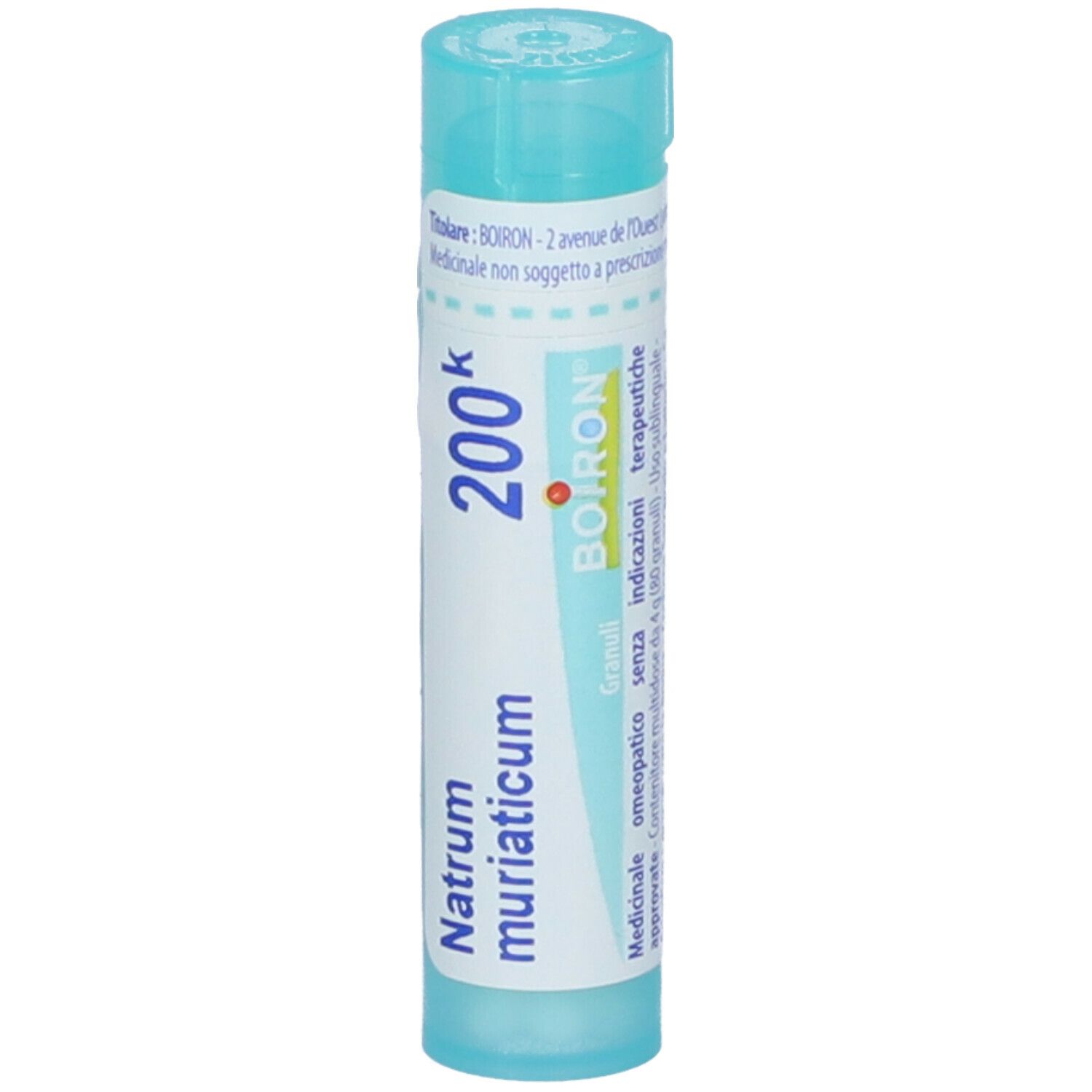 Confezione cilindrica azzurra. Scritta: Natrum muriaticum 200k, BOIRON. Granuli. Stampa in italiano.