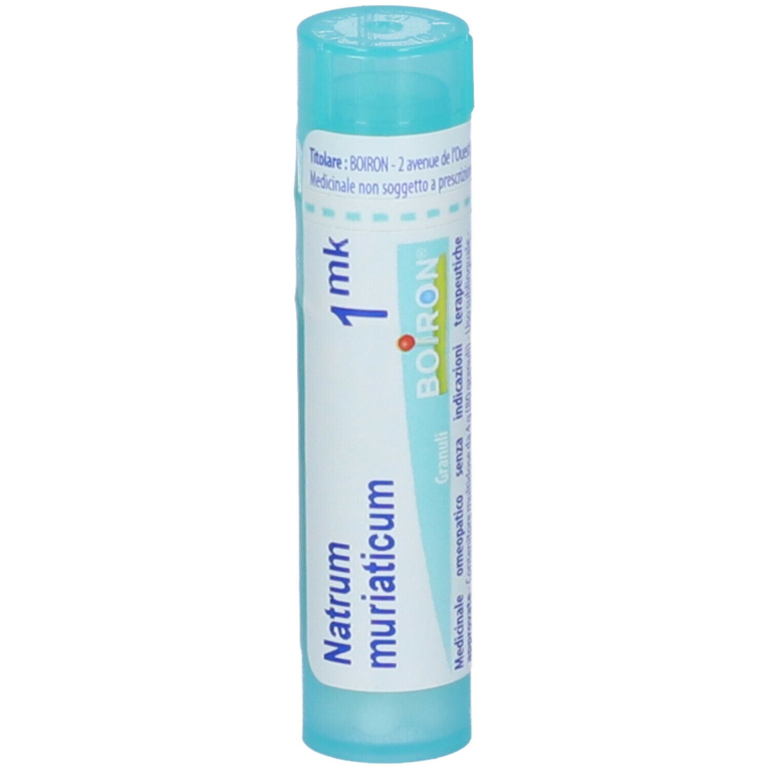 Confezione cilindrica di Natrum muriaticum Granuli. Tappo blu e testo. Marchio BOIRON.