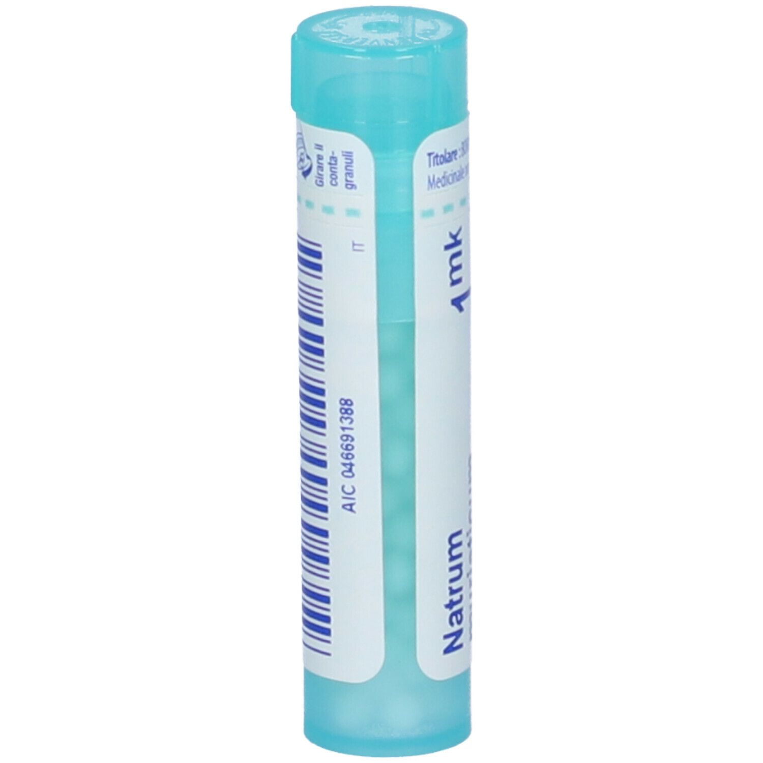 Confezione cilindrica di Natrum muriaticum Granuli. Tappo blu e testo. Marchio BOIRON.