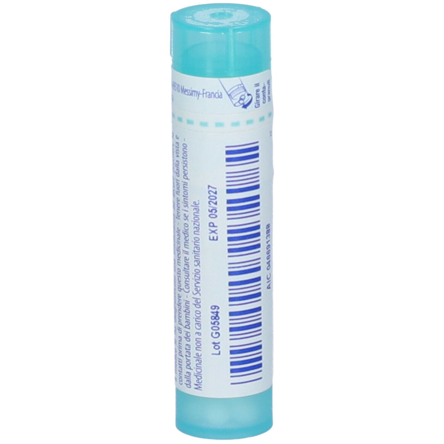 Confezione cilindrica di Natrum muriaticum Granuli. Tappo blu e testo. Marchio BOIRON.