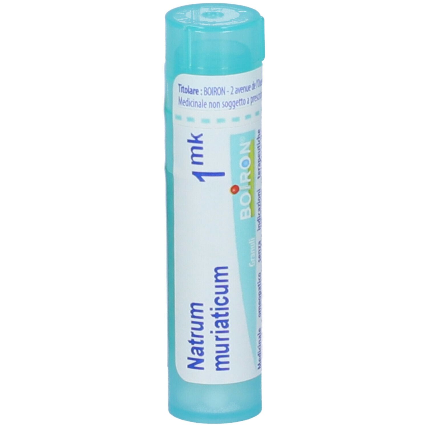 Confezione cilindrica di Natrum muriaticum Granuli. Tappo blu e testo. Marchio BOIRON.