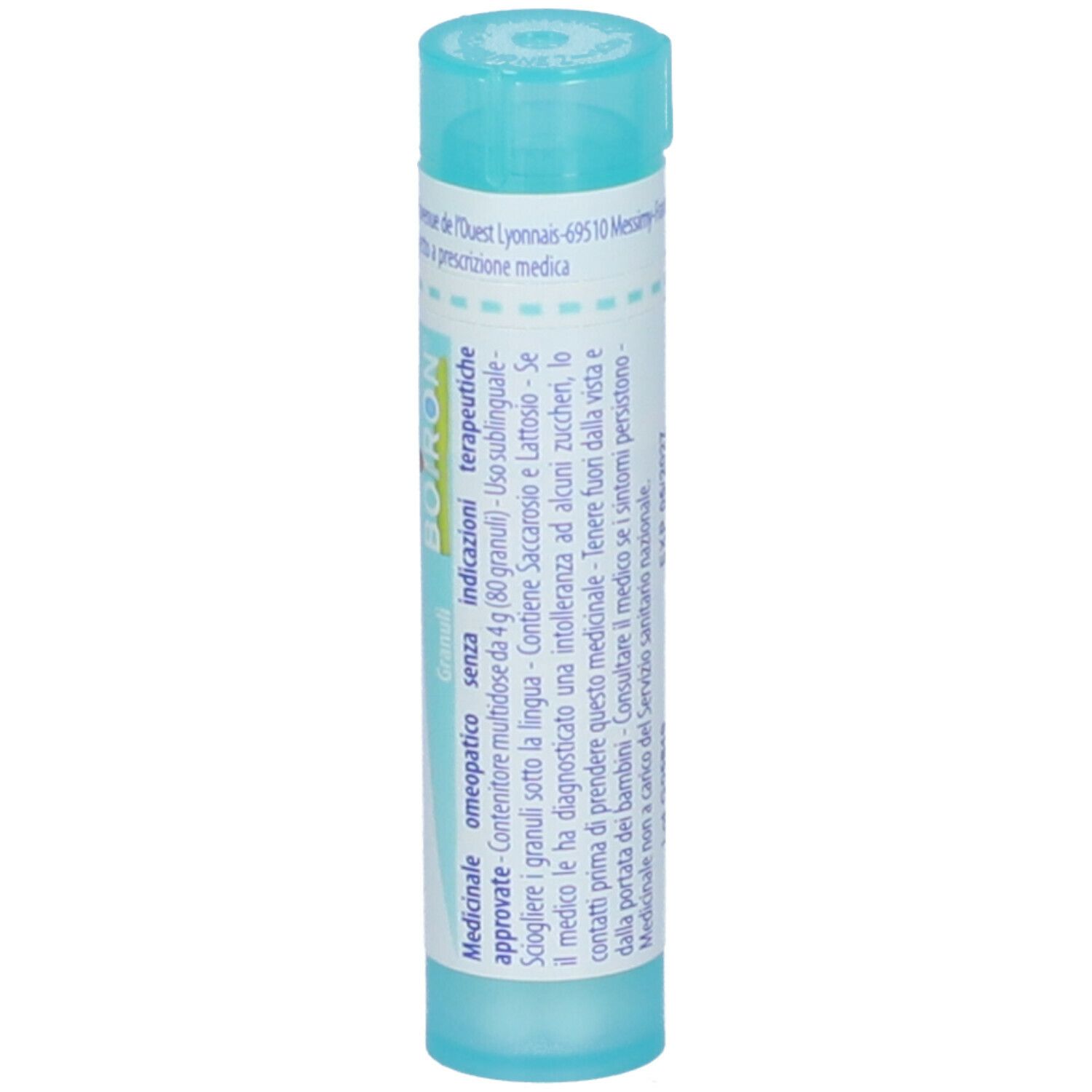 Confezione cilindrica di Natrum muriaticum Granuli. Tappo blu e testo. Marchio BOIRON.