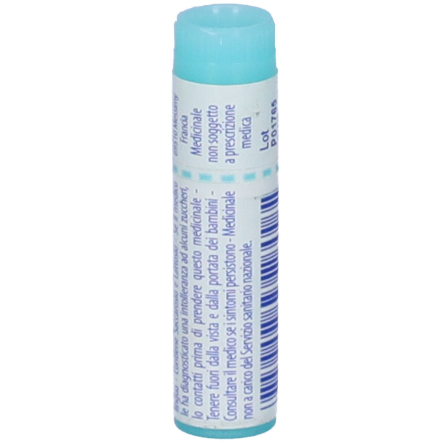 Confezione cilindrica con tappo blu. Testo: Medicinale non soggetto a prescrizione medica. Codice a barre.