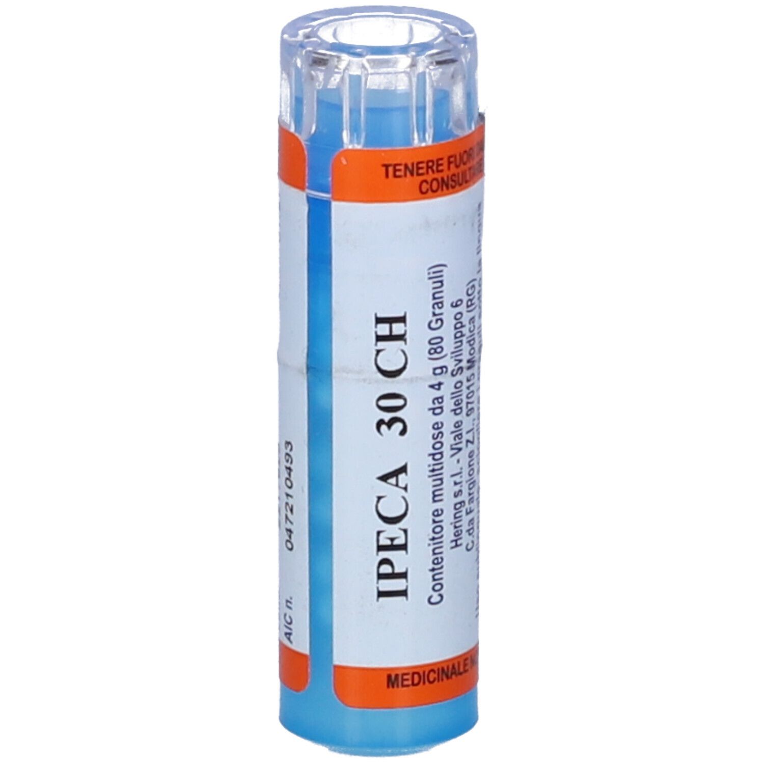 Tubo cilindrico, base blu, coperchio trasparente. Scritta: IPECA 30 CH, MEDICINALE.