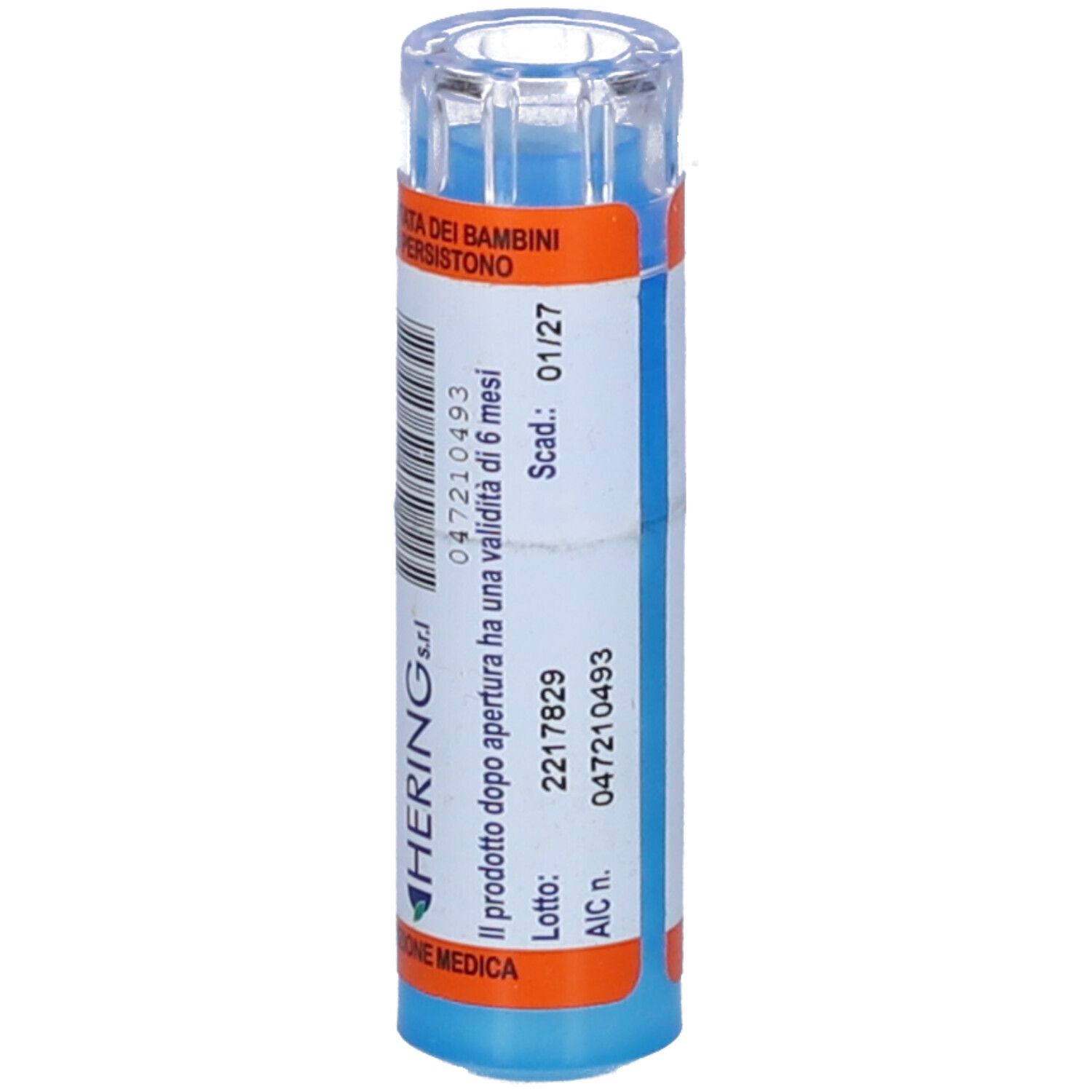 Tubo cilindrico, base blu, coperchio trasparente. Scritta: HERING s.r.l., Scad.: 01/27.