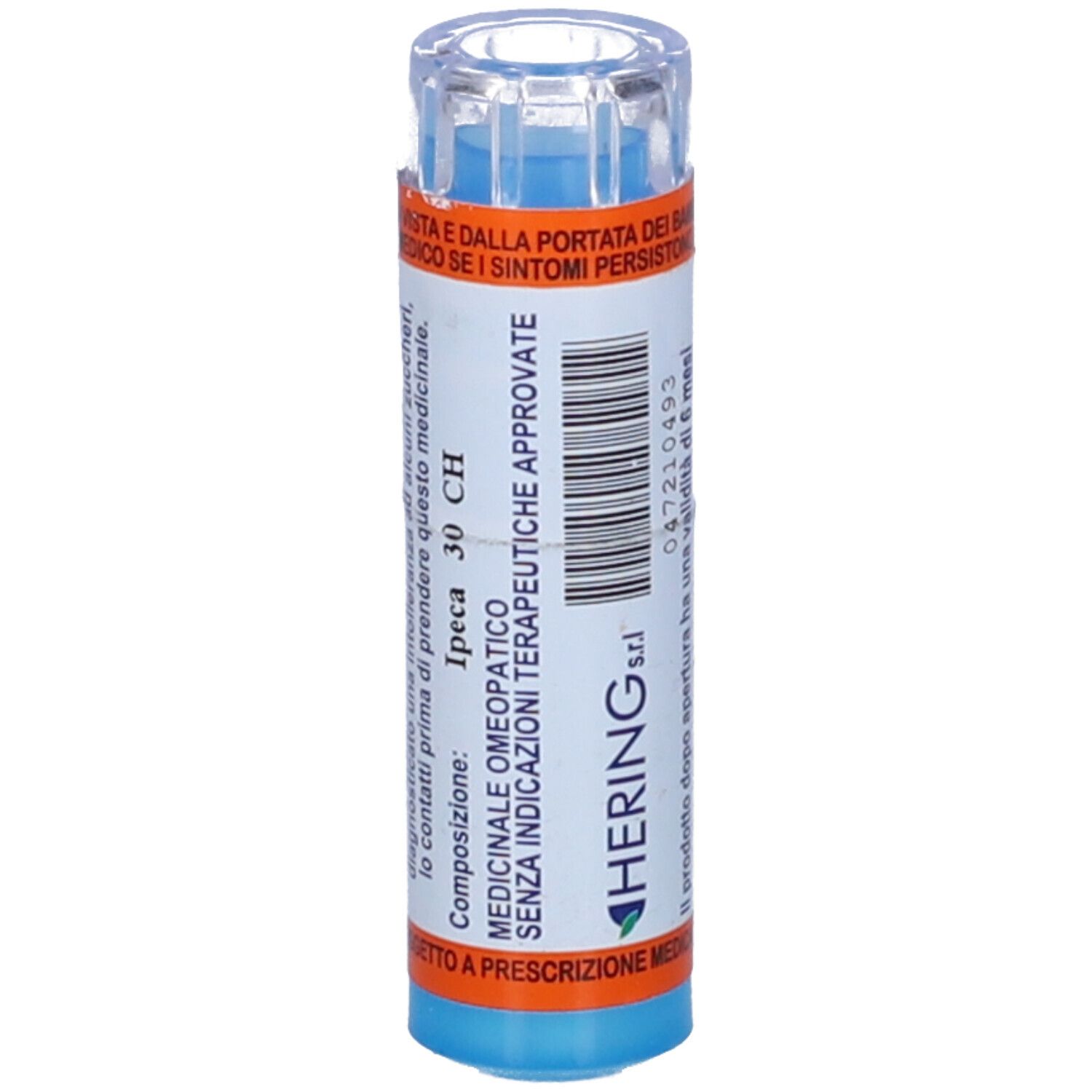 Tubo cilindrico, base blu, coperchio trasparente. Scritta: Ipeca 30 CH, MEDICINALE OMEOPATICO.