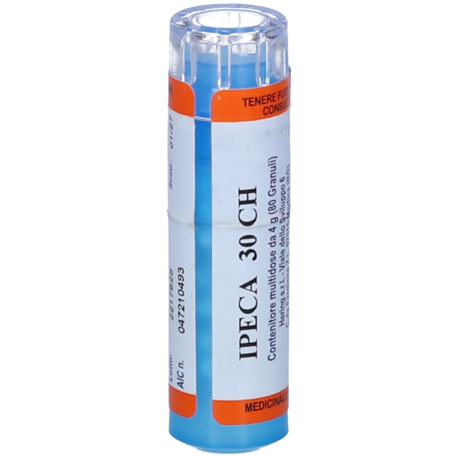 Tubo cilindrico, base blu, coperchio trasparente. Scritta: IPECA 30 CH, MEDICINALE.