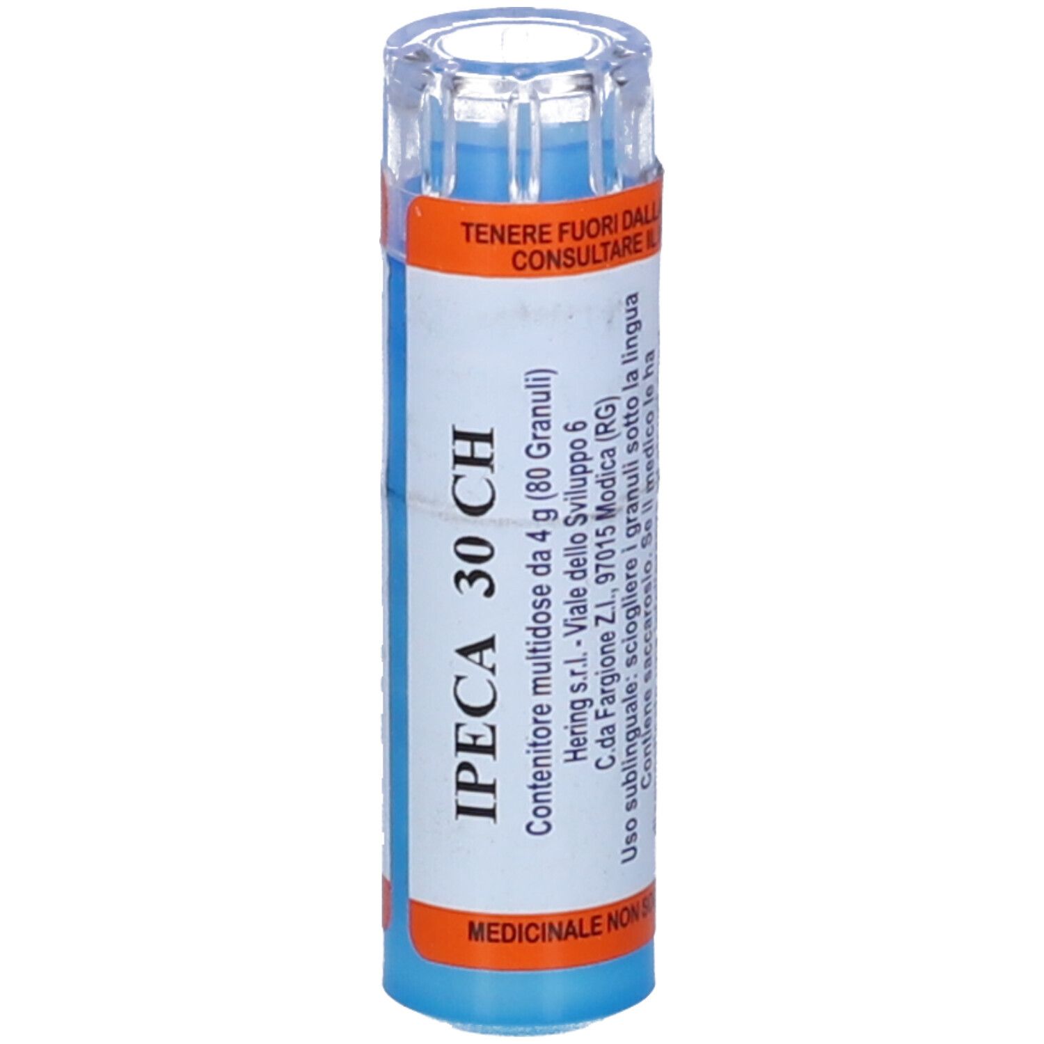Tubo cilindrico, base blu, coperchio trasparente. Scritta: IPECA 30 CH, MEDICINALE NON SOGGETTO A.