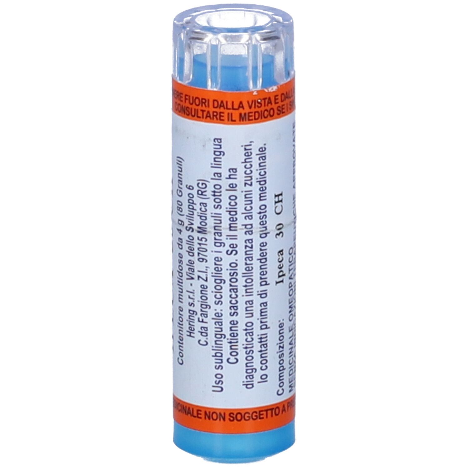 Tubo cilindrico, base blu, coperchio trasparente. Scritta: Ipeca 30 CH, MEDICINALE OMEOPATICO.