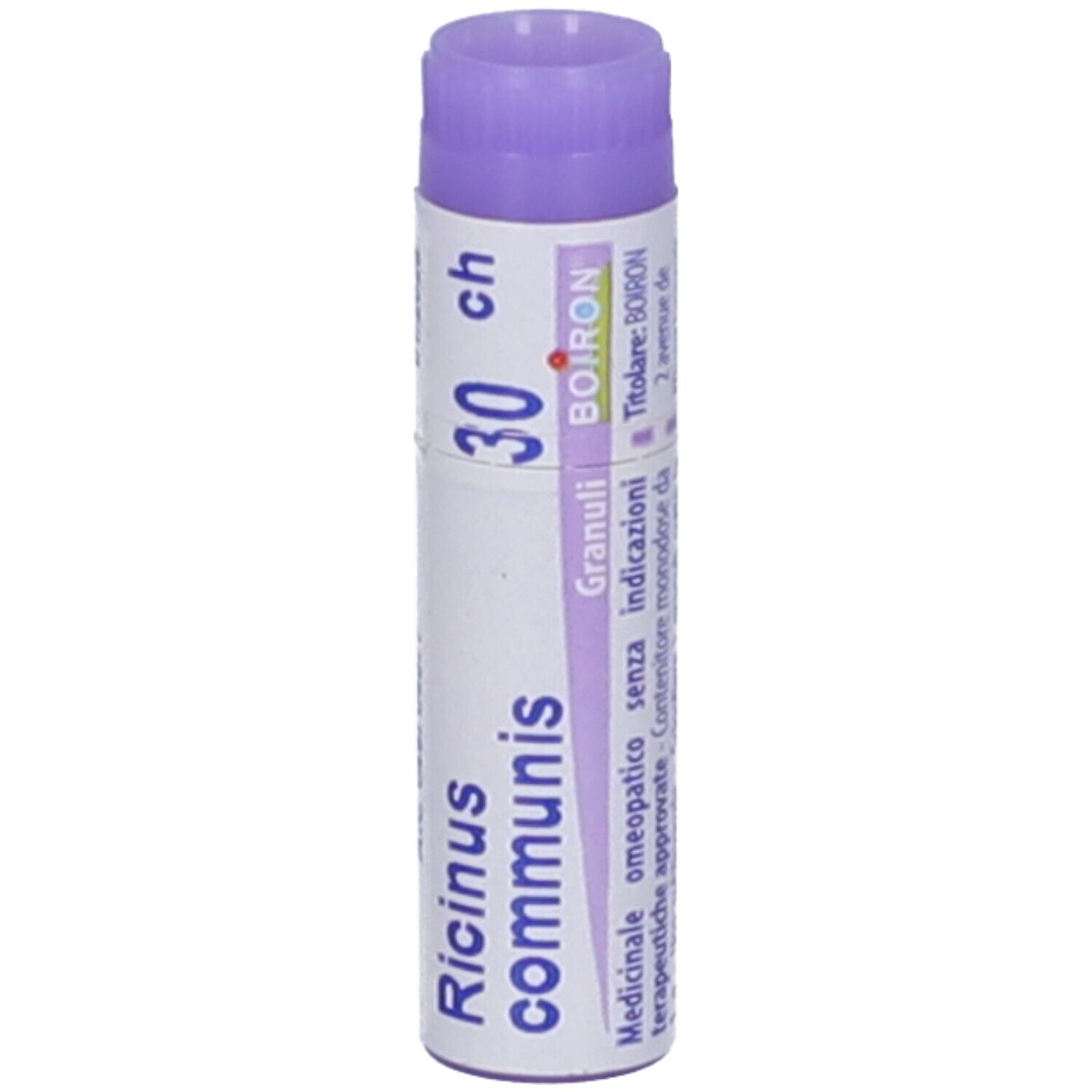 Confezione cilindrica con tappo viola. Scritta: Ricinus communis, 30 ch, Granuli, BOIRON. Con testo.