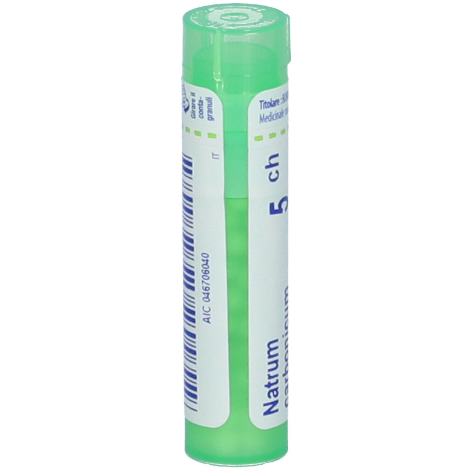 Contenitore cilindrico verde con etichetta bianca. Scritta: Natrum carbonicum 5 ch, Boiron, Granuli.