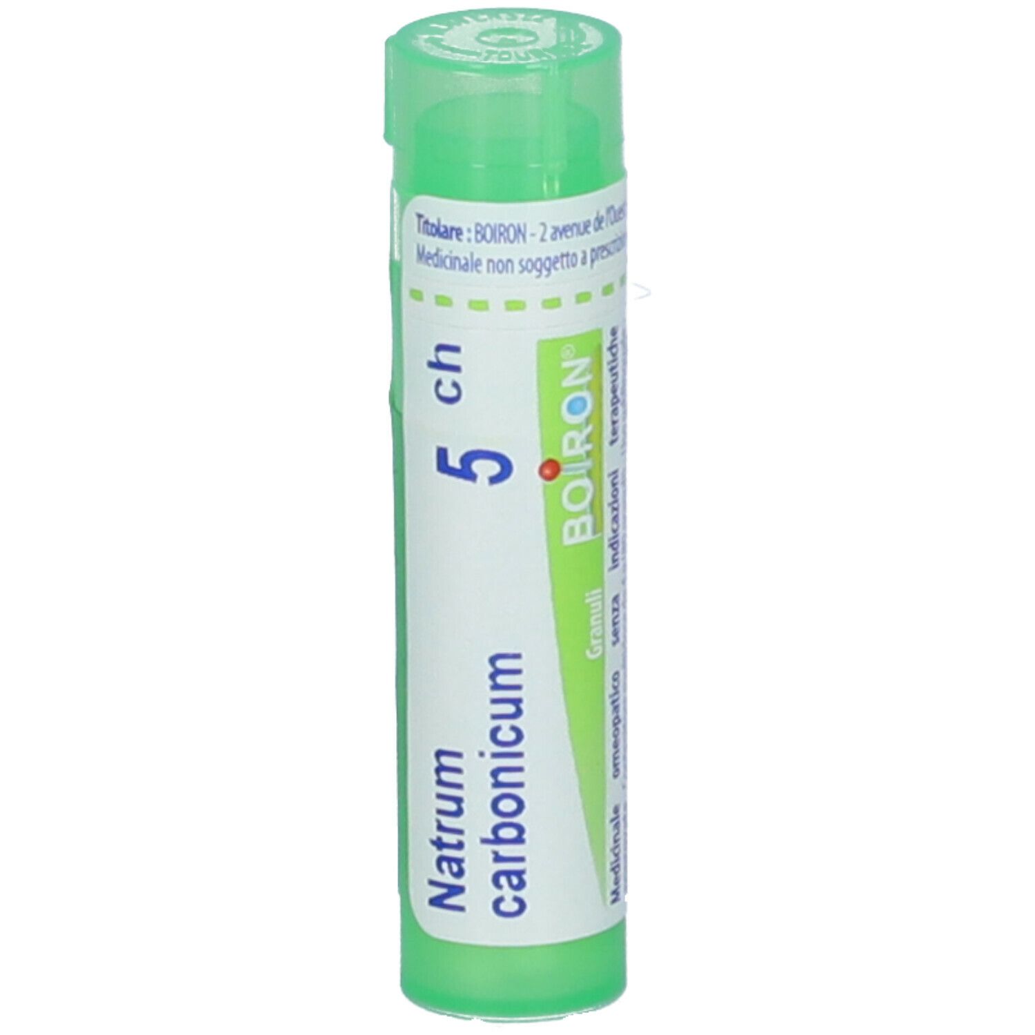 Contenitore cilindrico verde con etichetta bianca. Scritta: Natrum carbonicum 5 ch, Boiron, Granuli.