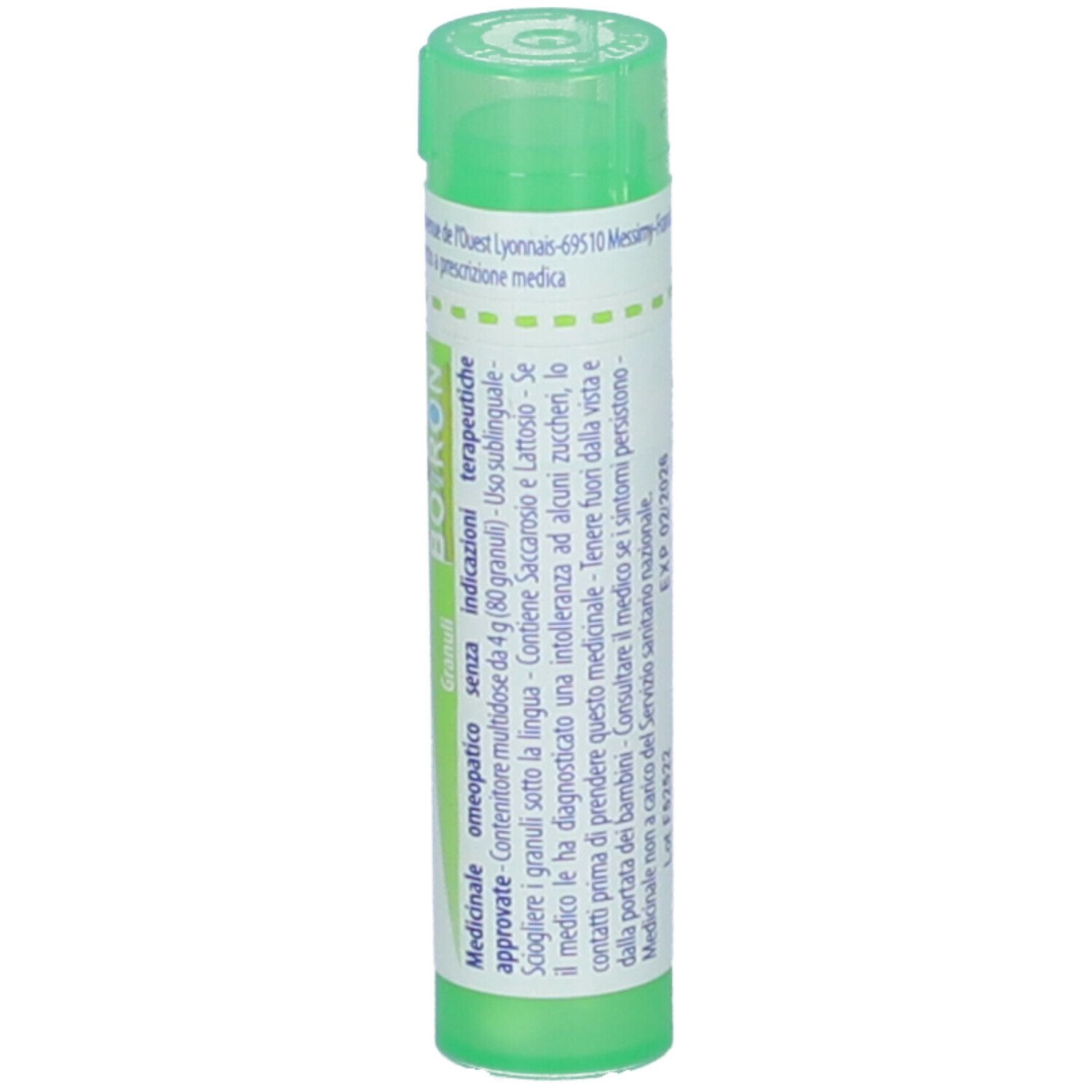 Contenitore cilindrico verde con etichetta bianca. Scritta: Natrum carbonicum 5 ch, Boiron, Granuli.