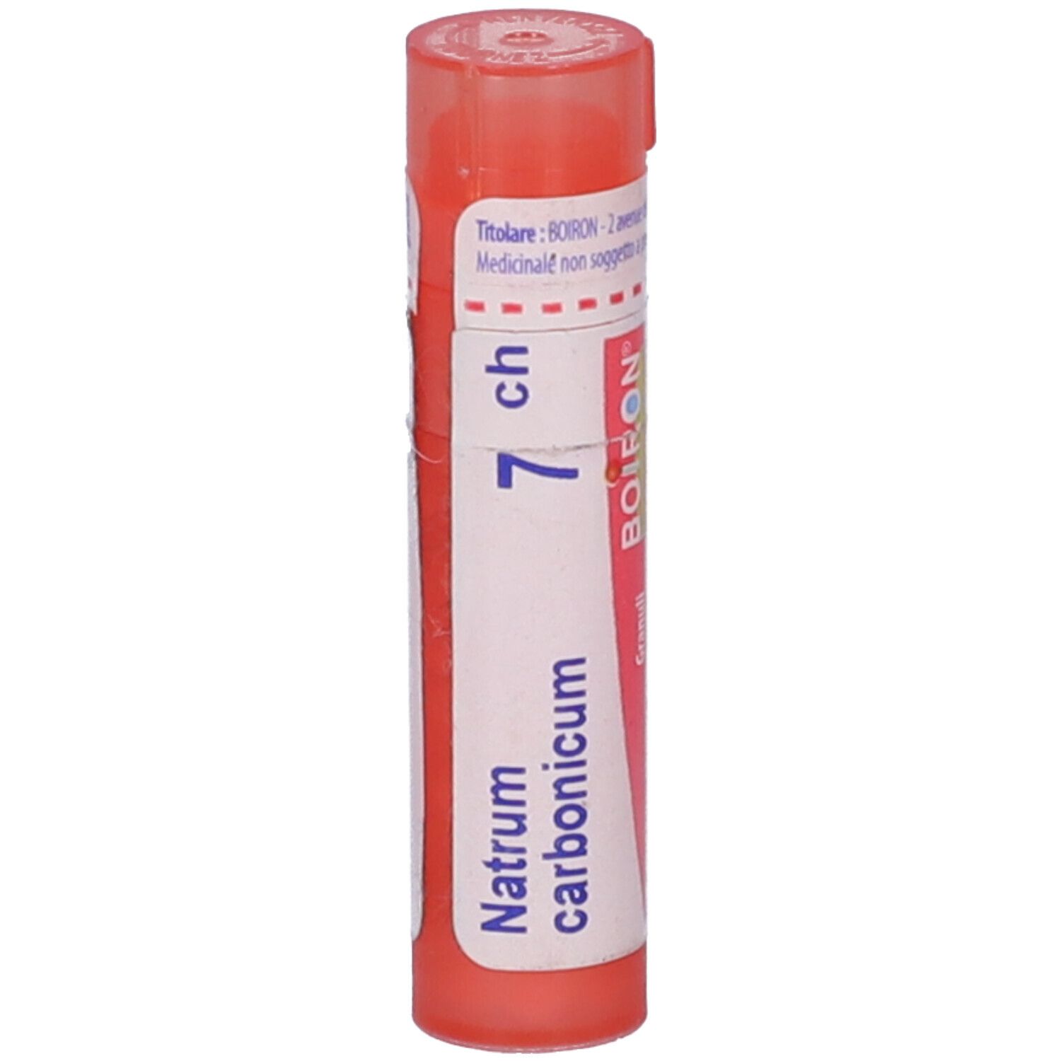 Contenitore cilindrico, tappo rosa. Scritta: Natrum carbonicum, 7 ch, BOIRON.