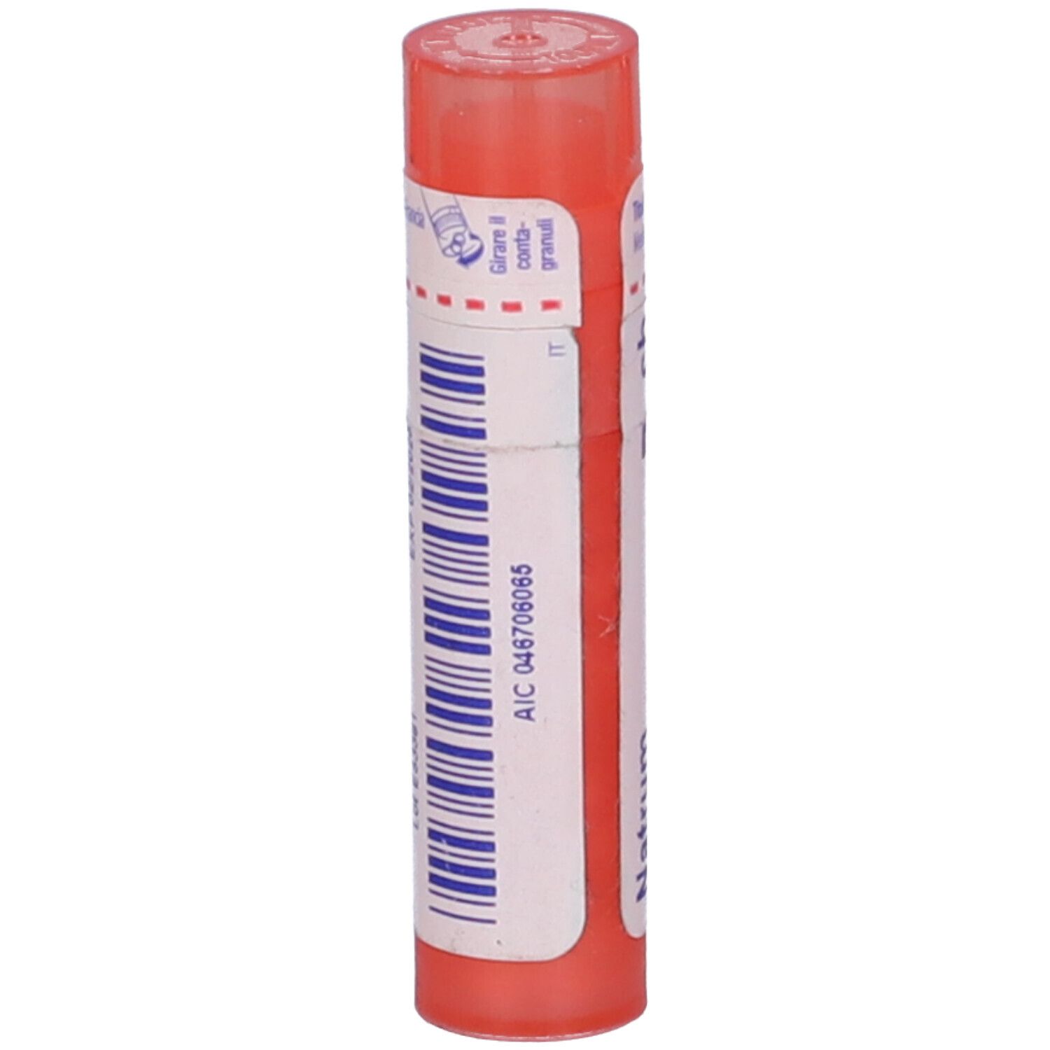 Contenitore cilindrico, tappo rosa. Scritta: AIC 046706065.