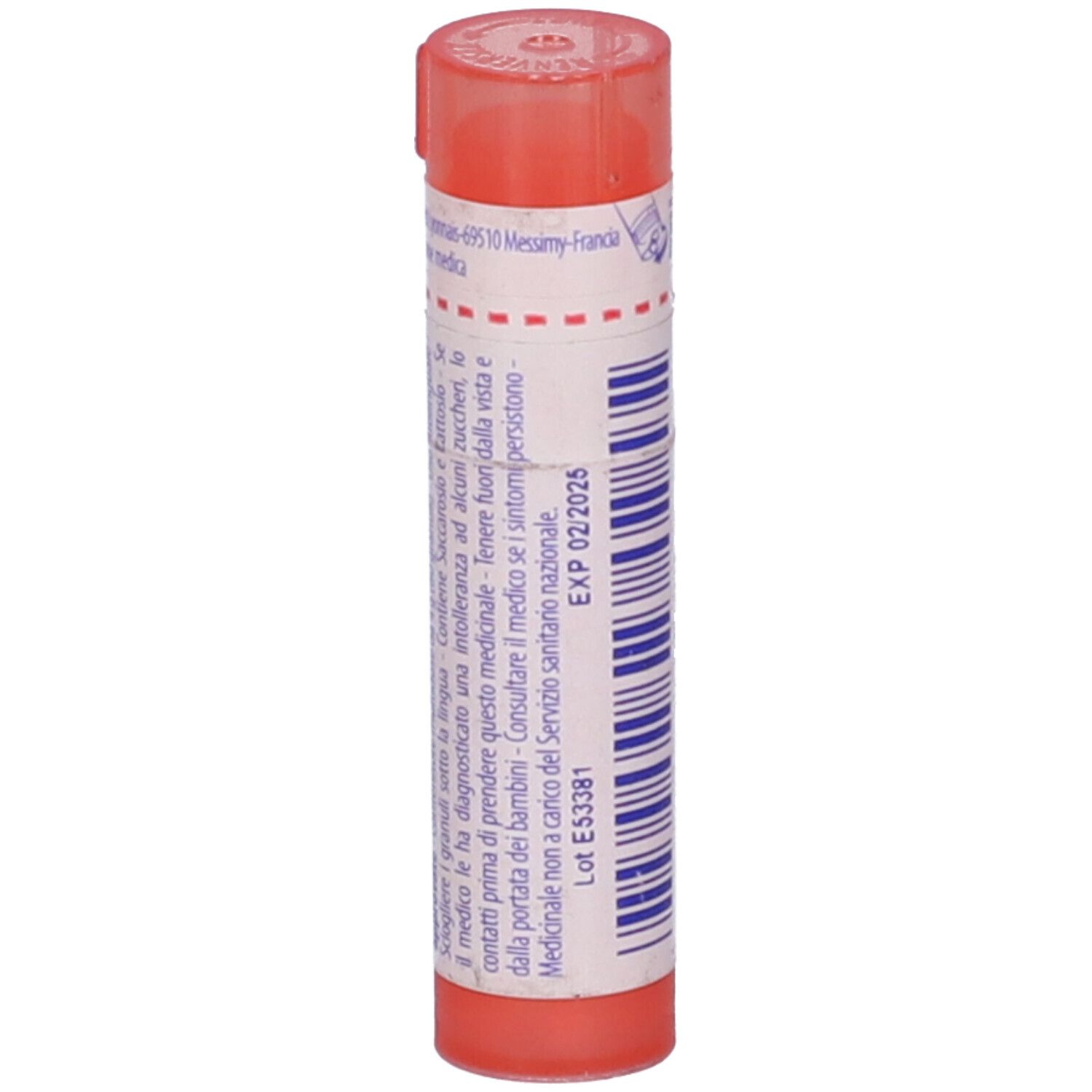 Contenitore cilindrico, tappo rosa. Scritta: EXP 02/2025, Lot E53381.