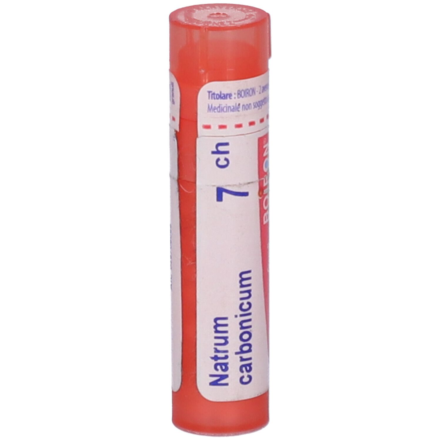 Contenitore cilindrico, tappo rosa. Scritta: Natrum carbonicum, 7 ch, BOIRON.