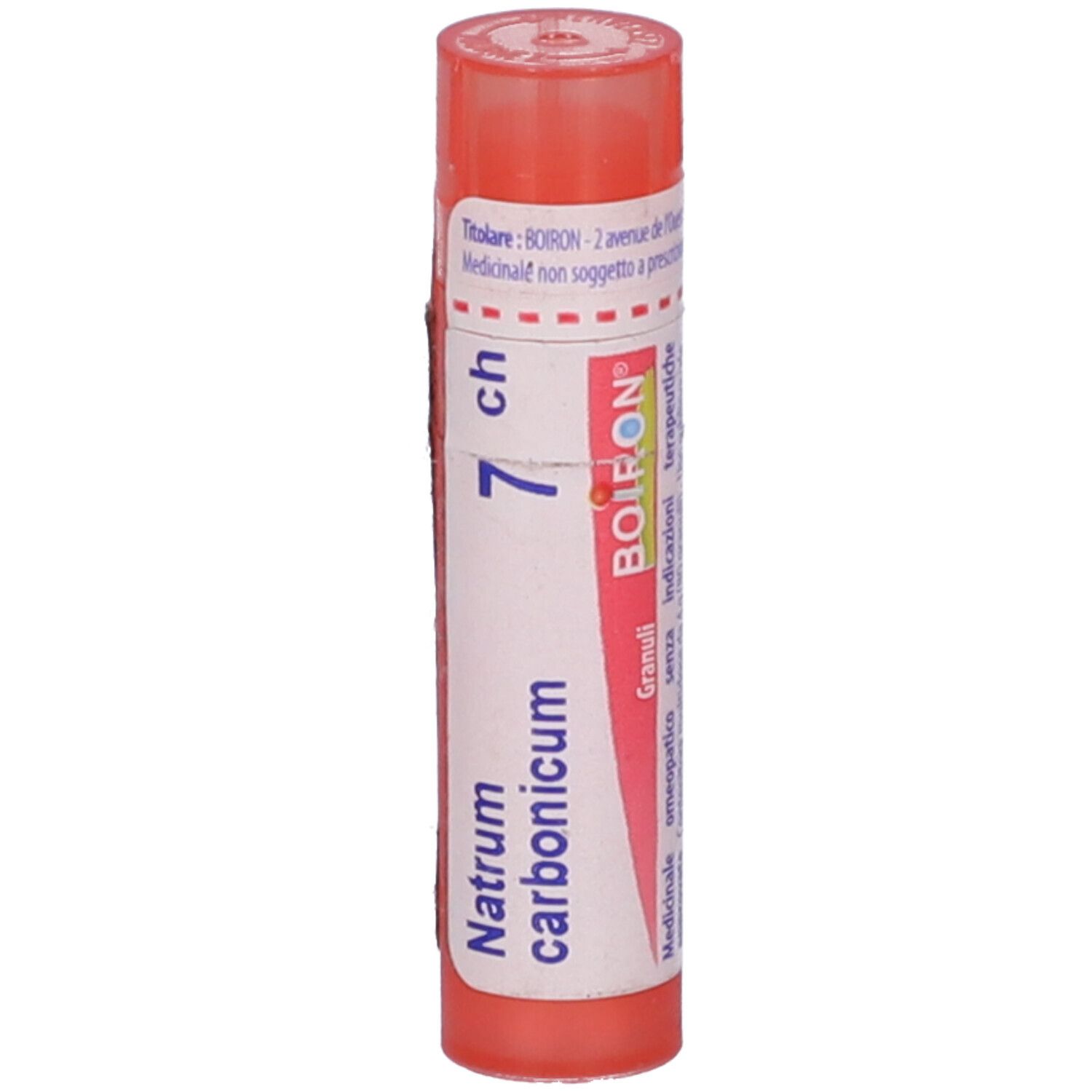Contenitore cilindrico, tappo rosa. Scritta: Natrum carbonicum, 7 ch, BOIRON.
