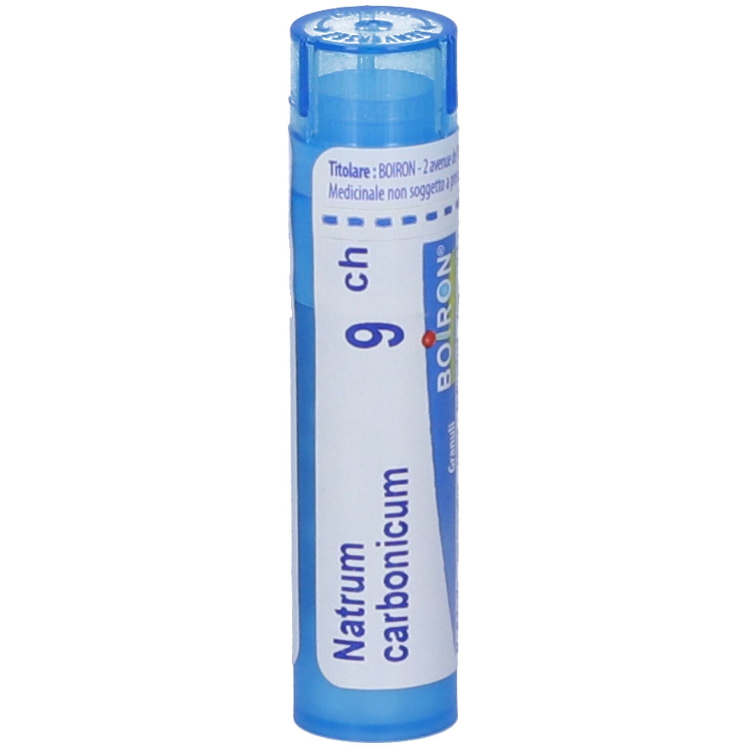 Confezione cilindrica blu. Scritta: Natrum carbonicum, 9 CH, BOIRON. Contiene granuli.