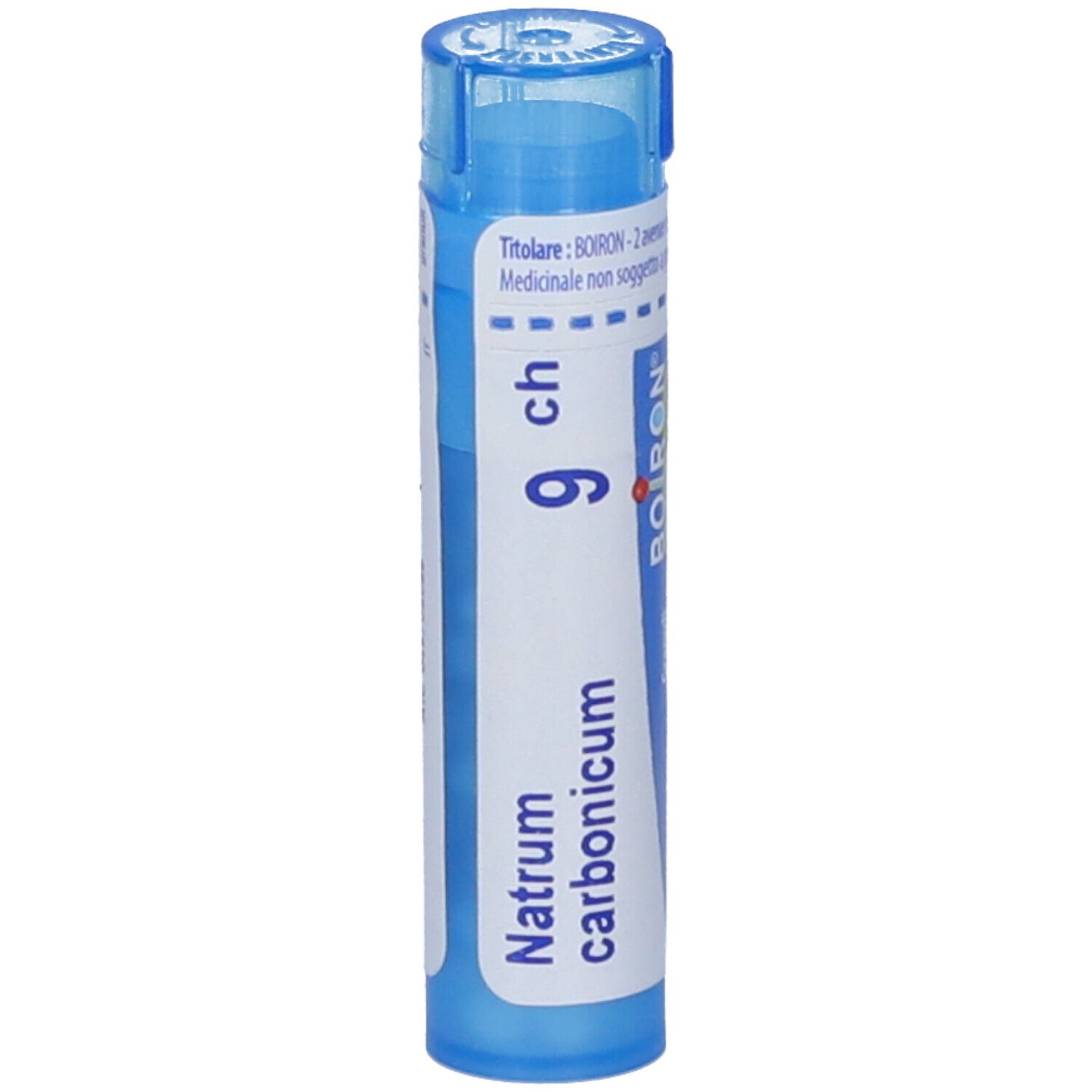 Confezione cilindrica blu. Scritta: Natrum carbonicum, 9 CH, BOIRON. Contiene granuli.