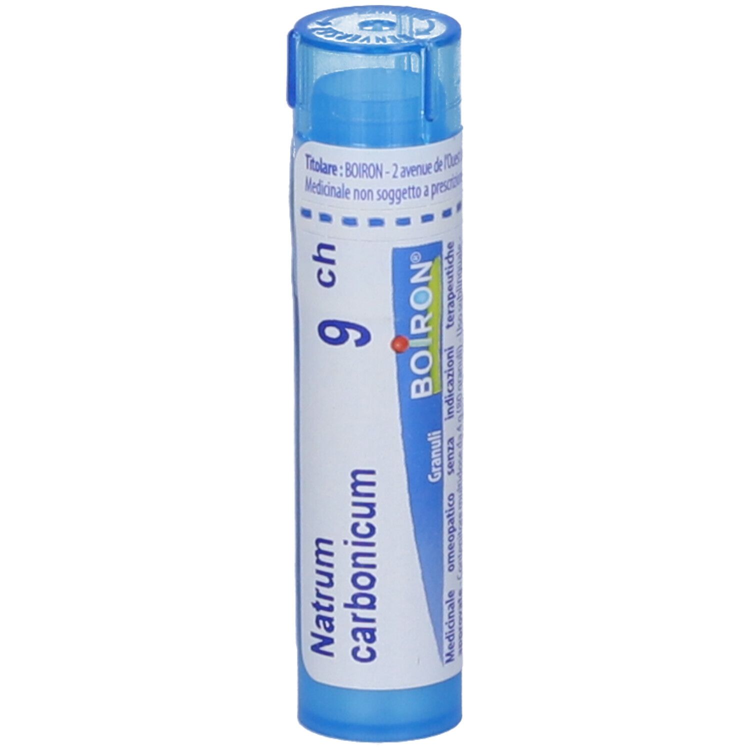Confezione cilindrica blu. Scritta: Natrum carbonicum, 9 CH, BOIRON. Contiene granuli.