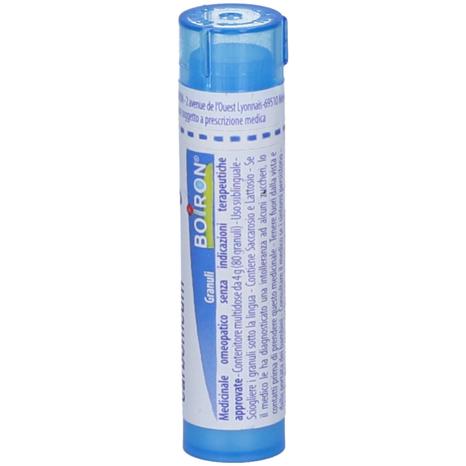Confezione cilindrica blu. Scritta: BOIRON, granuli, medicinale. Contiene granuli.