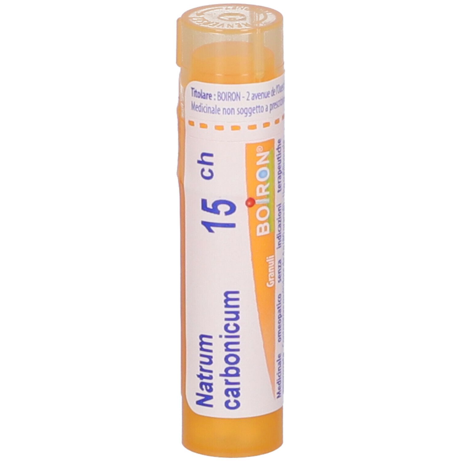 Tubo giallo con scritta Natrum carbonicum 15 ch e logo Boiron. Vista verticale.