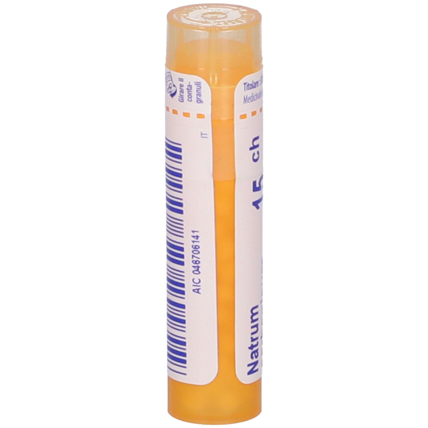 Tubo giallo con scritta Natrum carbonicum 15 ch e codice a barre. Vista verticale.