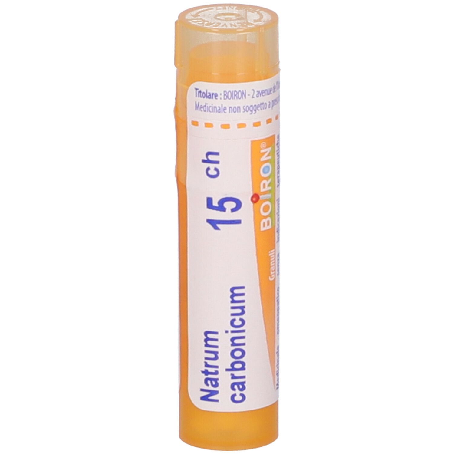 Tubo giallo con scritta Natrum carbonicum 15 ch e logo Boiron. Vista verticale.