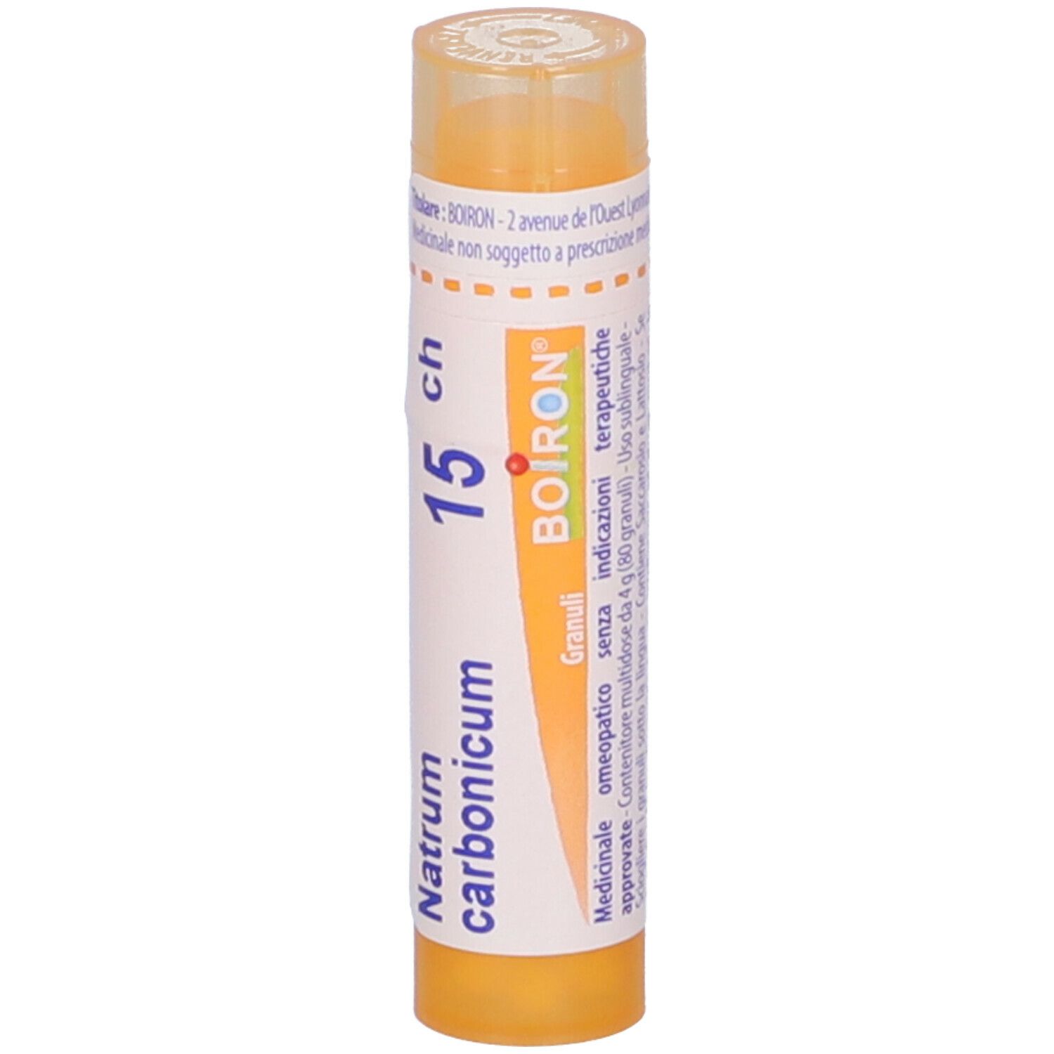 Tubo giallo con scritta Natrum carbonicum 15 ch e logo Boiron. Vista verticale.