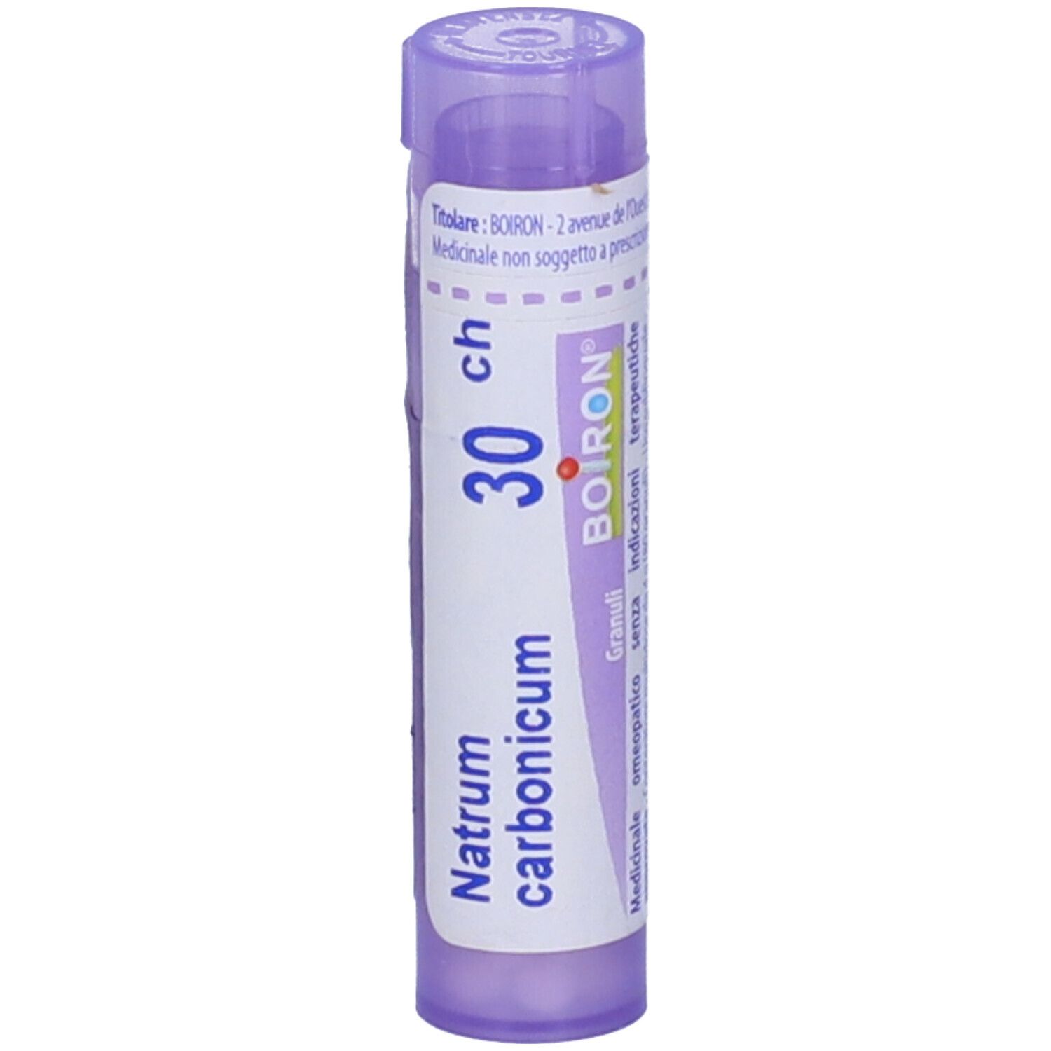 Tubetto lilla verticale. Scritta: Natrum carbonicum, 30 ch, BOIRON. Granuli. Etichetta.