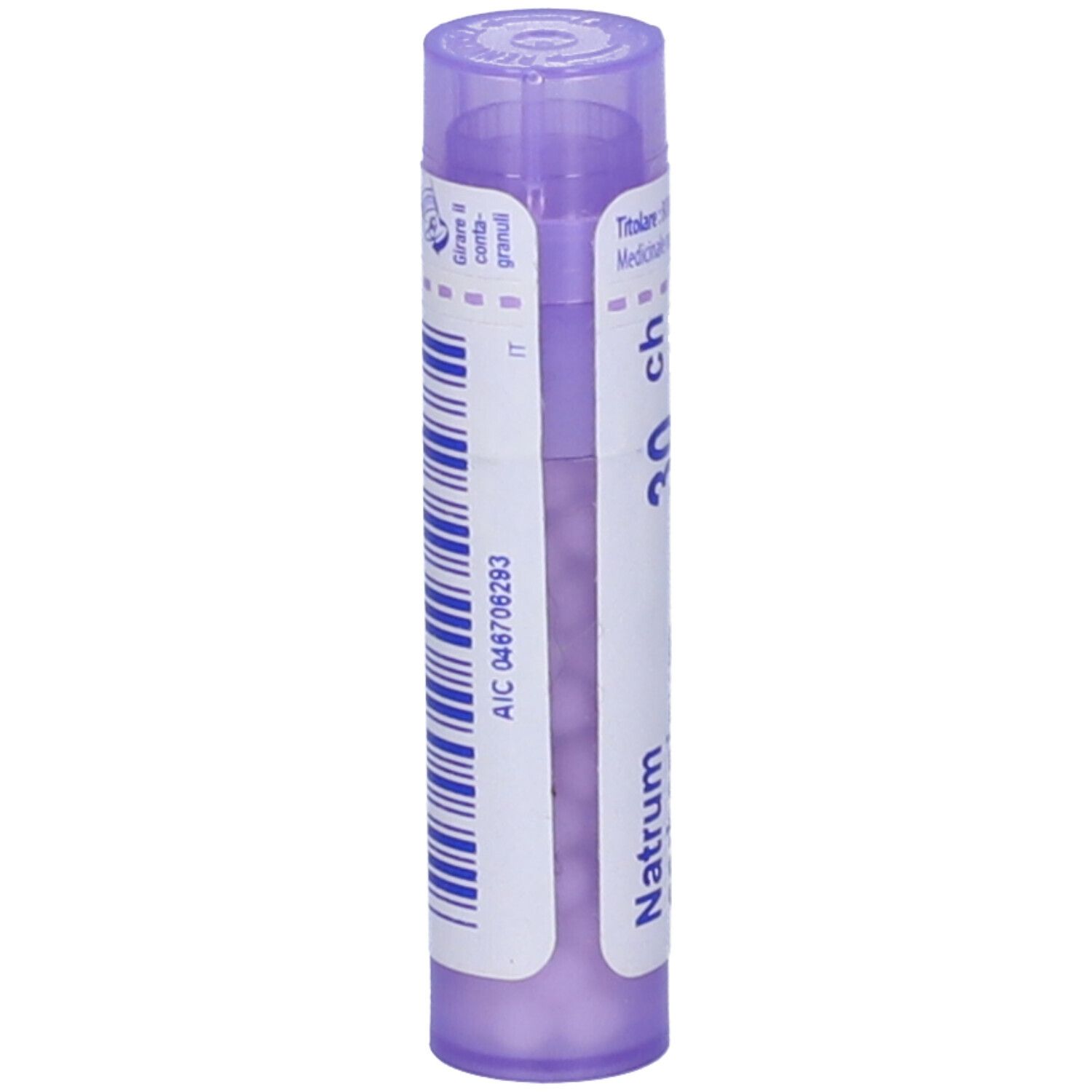 Tubetto lilla verticale. Scritta: Natrum carbonicum, 30 ch. Etichetta con codice a barre e testo.