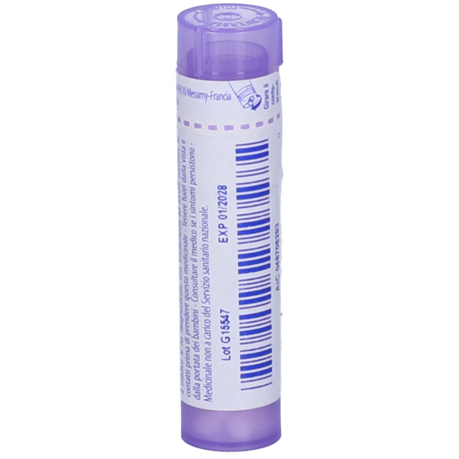 Tubetto lilla verticale. Scritta: Natrum carbonicum, 30 ch. Etichetta con testo e data di scadenza.