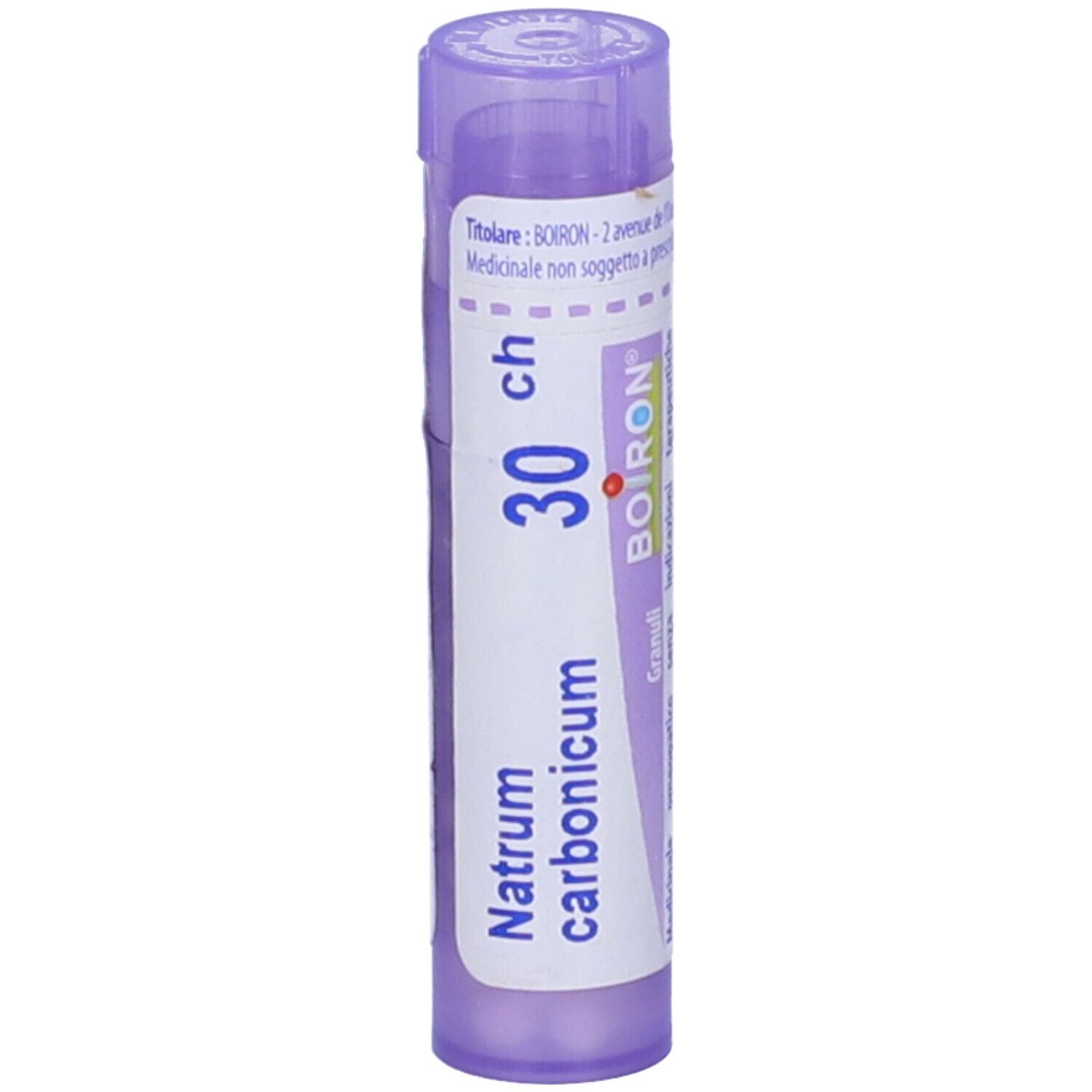 Tubetto lilla verticale. Scritta: Natrum carbonicum, 30 ch, BOIRON. Granuli.
