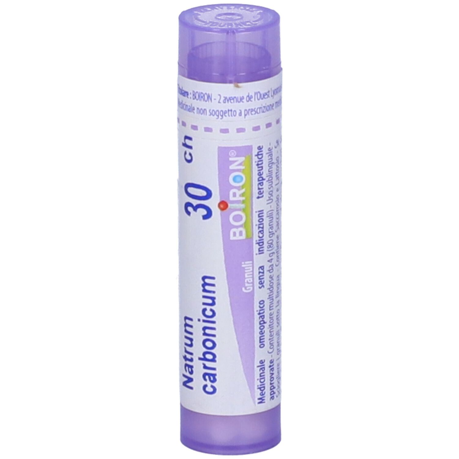 Tubetto lilla verticale. Scritta: Natrum carbonicum, 30 ch, BOIRON. Granuli. Informazioni aggiuntive.